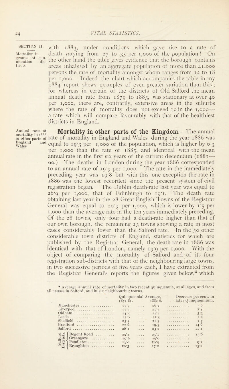 SECTION II. Mortality in 'groups of enu¬ meration dis¬ tricts with 1883, under conditions which gave rise to a rate of death varying from 27 to 35 per 1,000 of die population! On the other hand the table gives evidence that the borough contains areas inhabited by an aggregate population of more than 41.000 persons the rate of mortality amongst whom ranges from 12 to 18 per 1,000. Indeed the chart which accompanies the table in my 1884 report shews examples of even greater variation than this; for whereas in certain of the districts of Old Salford the mean annual death rate from 1879 t0 1S83, was stationary at over 40 per 1,000, there are, contrarily, extensive areas in the suburbs where the rate of mortality does not exceed 10 in the 1,000— a rate which will compare favourably with that of the healthiest districts in England. Annual rate of Mortality in other parts of the Kingdom.—The annual in other parts of rate or mortality m England and Wales during the year i836 was Wak5nd and eTual t0 :9’3 Per b000 of the population, which is higher by 0*3 per 1,000 than the rate of 1885, and identical with the mean annual rate in the first six years of the current decennium (i88t— 90.) The deaths in London during the year 1886 corresponded to an annual rate of 19’9 per 1,000. The rate in the immediately preceding year was 198 but with this one exception the rate in 1886 was the lowest recorded since the present system of civil registration began. The Dublin death-rate last year was equal to 26'9 per 1,000, that of Edinburgh to 197. The death rate obtaining last year in the 28 Great English Towns of the Registrar General was equal to 20*9 per 1,000, which is lower by 1*5 per 1,000 than the average rate in the ten years immediately preceding. Of the 28 towns, only four had a death-rate higher than that of our own borough, the remaining 23 towns showing a rate in most cases considerably lower than the Salford rate. In the 50 other considerable town districts of England, statistics for which are published by the Registrar General, the death-rate in 1886 was identical with that of London, namely ig'g per 1,000. With the object of comparing the mortality of Salford and of its four registration sub-districts with that of the neighbouring large towns, in two successive periods of five years each, I have extracted from the Registrar General’s reports the figures given below,* which * Average annual rate of mortality in two recent quinquennia, at all ages, and from all causes in Salford, and in six neighbouring towns. Manchester Liverpool .. Oldham Leeds . Sheffield .. Bradford .. Salford 02 . 2, ft Regent Road Greengate Pendleton... Broughton . Quinquennial Average, 877-81. 277 1882-6 2 67 27 *2 25*2 24‘5 23-2 2{'0 22’5 2 37 21’5 22 *6 19-3 26*1 ..r. 23-2 29’! .... 25'I 29^0 .... 2g‘o 23 'o .... 2o'9 20-3 .... T 7* 2 Decrease percent, in later Quinquennium. . 3‘6 . 7'4 . 5'3 . 2‘2 . 77 .. *4'6 . ii’i . i3'6 9’i I5'2