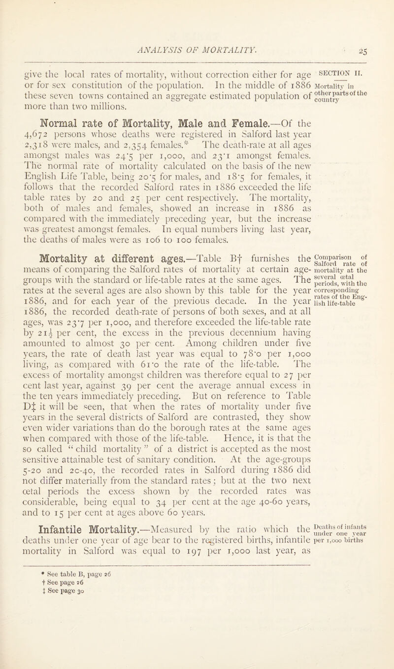 give the local rates of mortality, without correction either for age section ii. or for sex constitution of the population. In the middle of 1886 Mortality in these seven towns contained an aggregate estimated population of °^®rt^'rtsofthe more than two millions. Normal rate of Mortality, Male and Female,—Of the 4,672 persons whose deaths were registered in Salford last year 2,318 were males, and 2,354 females/ The death-rate at all ages amongst males was 24'5 per 1,000, and 23'1 amongst females. The normal rate of mortality calculated on the basis of the new English Life Table, being 20*5 for males, and 18‘5 for females, it follows that the recorded Salford rates in 1886 exceeded the life table rates by 20 and 25 per cent respectively. The mortality, both of males and females, showed an increase in 1886 as compared with the immediately preceding year, but the increase was greatest amongst females. In equal numbers living last year, the deaths of males were as 106 to 100 females. Mortality at different ages.—Table Bf furnishes the gX?dri mte of means of comparing the Salford rates of mortality at certain age- mortality at the groups with the standard or life-table rates at the same ages. The p^Sis with the rates at the several ages are also shown by this table for the year corresponding 1886, and for each year of the previous decade. In the year inh life-tablenS 1886, the recorded death-rate of persons of both sexes, and at all ages, was 237 per 1,000, and therefore exceeded the life-table rate by 21^ per cent, the excess in the previous decennium having amounted to almost 30 per cent. Among children under five years, the rate of death last year was equal to 78^0 per 1,000 living, as compared with 6ro the rate of the life-table. The excess of mortality amongst children was therefore equal to 27 per cent last year, against 39 per cent the average annual excess in the ten years immediately preceding. But on reference to Table DJ it will be seen, that when the rates of mortality under five years in the several districts of Salford are contrasted, they show even wider variations than do the borough rates at the same ages when compared with those of the life-table. Hence, it is that the so called “ child mortality ” of a district is accepted as the most sensitive attainable test of sanitary condition. At the age-groups 5-20 and 20-40, the recorded rates in Salford during 1886 did not differ materially from the standard rates; but at the two next oetal periods the excess shown by the recorded rates was considerable, being equal to 34 per cent at the age 40-60 years, and to 15 per cent at ages above 60 years. Infantile Mortality.—Measured by the ratio which the ^de^one^year deaths under one year of age bear to the registered births, infantile per 1,000 births mortality in Salford was equal to 197 per 1,000 last year, as * See table B, page 26 t See page 26 t See page 30