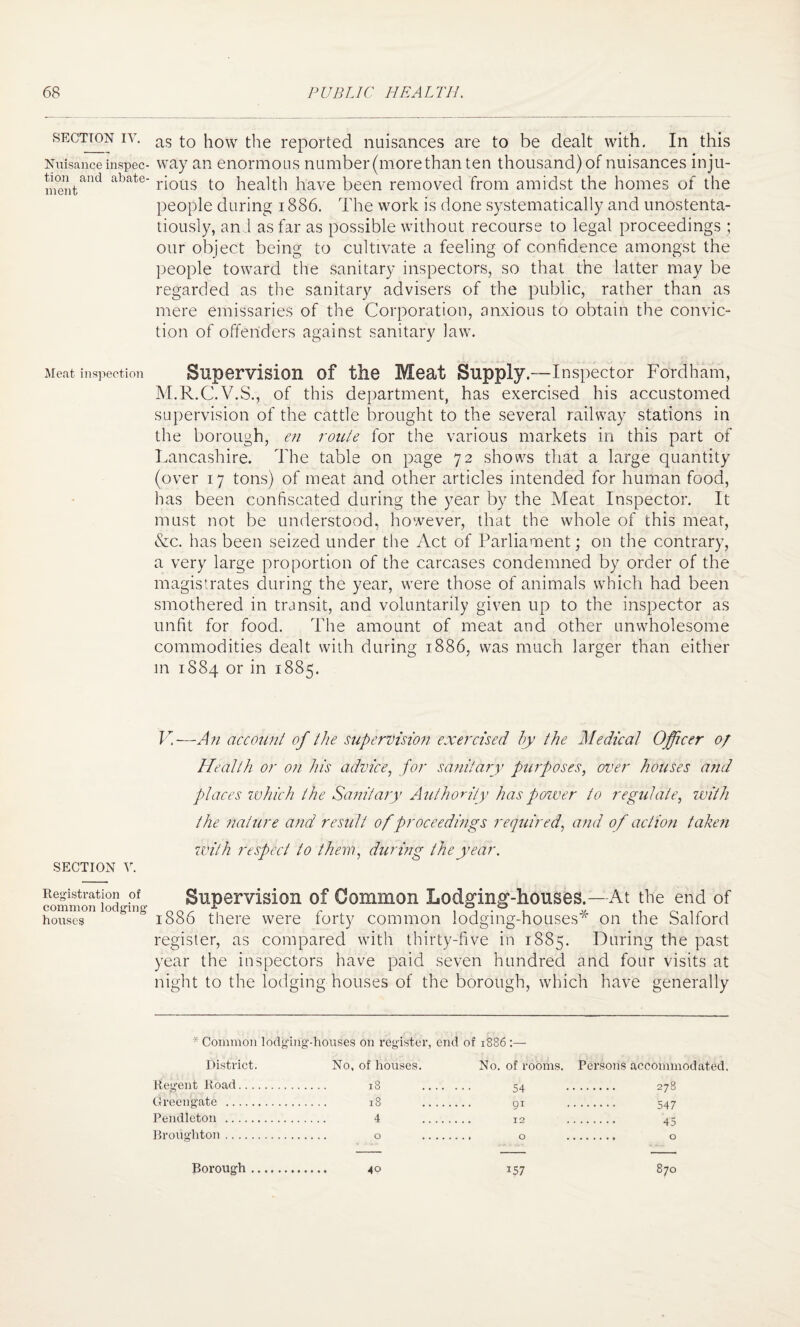 SECTION IV. Nuisance inspec¬ tion and abate¬ ment Meat inspection SECTION V. Registration of common lodging’ houses as to how the reported nuisances are to be dealt with. In this way an enormous number (more than ten thousand) of nuisances inju¬ rious to health have been removed from amidst the homes of the people during 1886. The work is done systematically and unostenta¬ tiously, an i as far as possible without recourse to legal proceedings ; our object being to cultivate a feeling of confidence amongst the people toward the sanitary inspectors, so that the latter may be regarded as the sanitary advisers of the public, rather than as mere emissaries of the Corporation, anxious to obtain the convic¬ tion of offenders against sanitary law. Supervision of the Meat Supply.—Inspector Fordham, M.R.C.V.S., of this department, has exercised his accustomed supervision of the cattle brought to the several railway stations in the borough, en route for the various markets in this part of Lancashire. The table on page 72 shows that a large quantity (over 17 tons) of meat and other articles intended for human food, has been confiscated during the year by the Meat Inspector. It must not be understood, however, that the whole of this meat, &c. has been seized under the Act of Parliament; on the contrary, a very large proportion of the carcases condemned by order of the magistrates during the year, were those of animals which had been smothered in transit, and voluntarily given up to the inspector as unfit for food. The amount of meat and other unwholesome commodities dealt with during 1886, was much larger than either in 1884 or in 1885. V.—An account of the supervision exercised by the Medical Officer 0/ Health or on his advice, for sanitary purposes, over houses and places which the Sanitary Authority has power to regulate, with the nature and result of proceedings required, and of action taken zvith respect to them, during the year. Supervision of Common Lodging-houses.—At the end of 1886 there were forty common lodging-houses* on the Salford register, as compared with thirty-five in 1885. During the past year the inspectors have paid seven hundred and four visits at night to the lodging houses of the borough, which have generally * Common lodging-houses on register, end of 1886 :— District. No, of houses. No. of rooms. Persons accommodated. Regent Road. . 18 54 Greengate . caj Pendleton . . 4 Broughton . Borough. 157 OO O I (