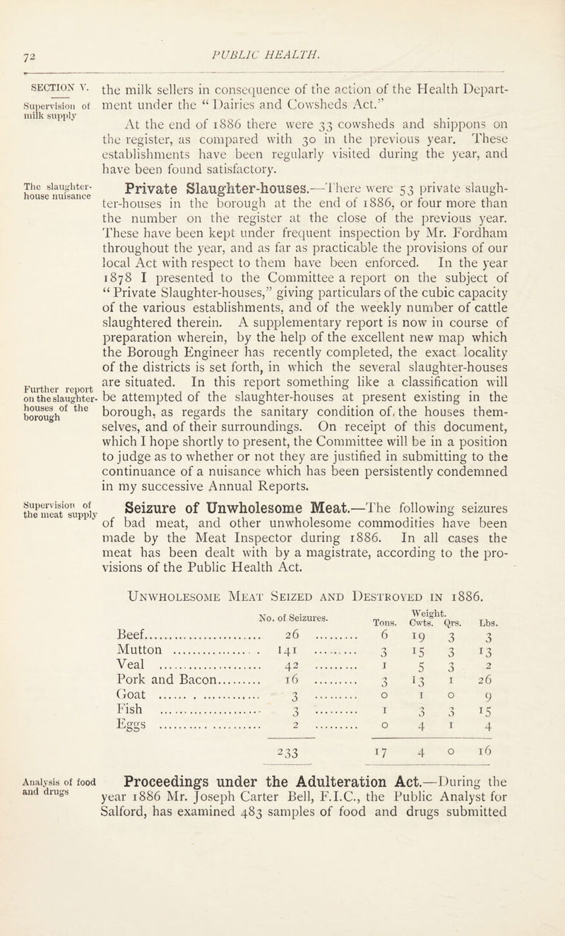 SECTION V. Supervision of milk supply The slaughter¬ house nuisance Further report on the slaughter¬ houses of the borough Supervision of the meat supply Analysis of food and drugs the milk sellers in consequence of the action of the Health Depart¬ ment under the “ Dairies and Cowsheds Act.” At the end of 1886 there were 33 cowsheds and shippons on the register, as compared with 30 in the previous year. These establishments have been regularly visited during the year, and have been found satisfactory. Private Slaughter-houses.—There were 53 private slaugh¬ ter-houses in the borough at the end of 1886, or four more than the number on the register at the close of the previous year. These have been kept under frequent inspection by Air. Fordham throughout the year, and as far as practicable the provisions of our local Act with respect to them have been enforced. In the year 1878 I presented to the Committee a report on the subject of “ Private Slaughter-houses,” giving particulars of the cubic capacity of the various establishments, and of the weekly number of cattle slaughtered therein. A supplementary report is now in course of preparation wherein, by the help of the excellent new map which the Borough Engineer has recently completed, the exact locality of the districts is set forth, in which the several slaughter-houses are situated. In this report something like a classification will be attempted of the slaughter-houses at present existing in the borough, as regards the sanitary condition of, the houses them¬ selves, and of their surroundings. On receipt of this document, which I hope shortly to present, the Committee will be in a position to judge as to whether or not they are justified in submitting to the continuance of a nuisance which has been persistently condemned in my successive Annual Reports. Seizure of Unwholesome Meat.—The following seizures of bad meat, and other unwholesome commodities have been made by the Aleat Inspector during 1886. In all cases the meat has been dealt with by a magistrate, according to the pro¬ visions of the Public Health Act. Unwholesome Meat Seized and Destroyed in 1886. No. of Seizures. Beef. 26 Alutton . 141 Veal . 42 Pork and Bacon. 16 Goat . 3 Fish . 3 on.s. Weight. Cwts. Qrs. Lbs. 6 19 3 O 0 n 0 U 6 I3 I 5 0 0 2 -5 3 13 1 26 0 1 0 9 1 0 0 0 0 U 0 4 1 4 233 17 4 o 16 Proceedings under the Adulteration Act.—During the year 1886 Mr. Joseph Carter Bell, F.I.C., the Public Analyst for Salford, has examined 483 samples of food and drugs submitted
