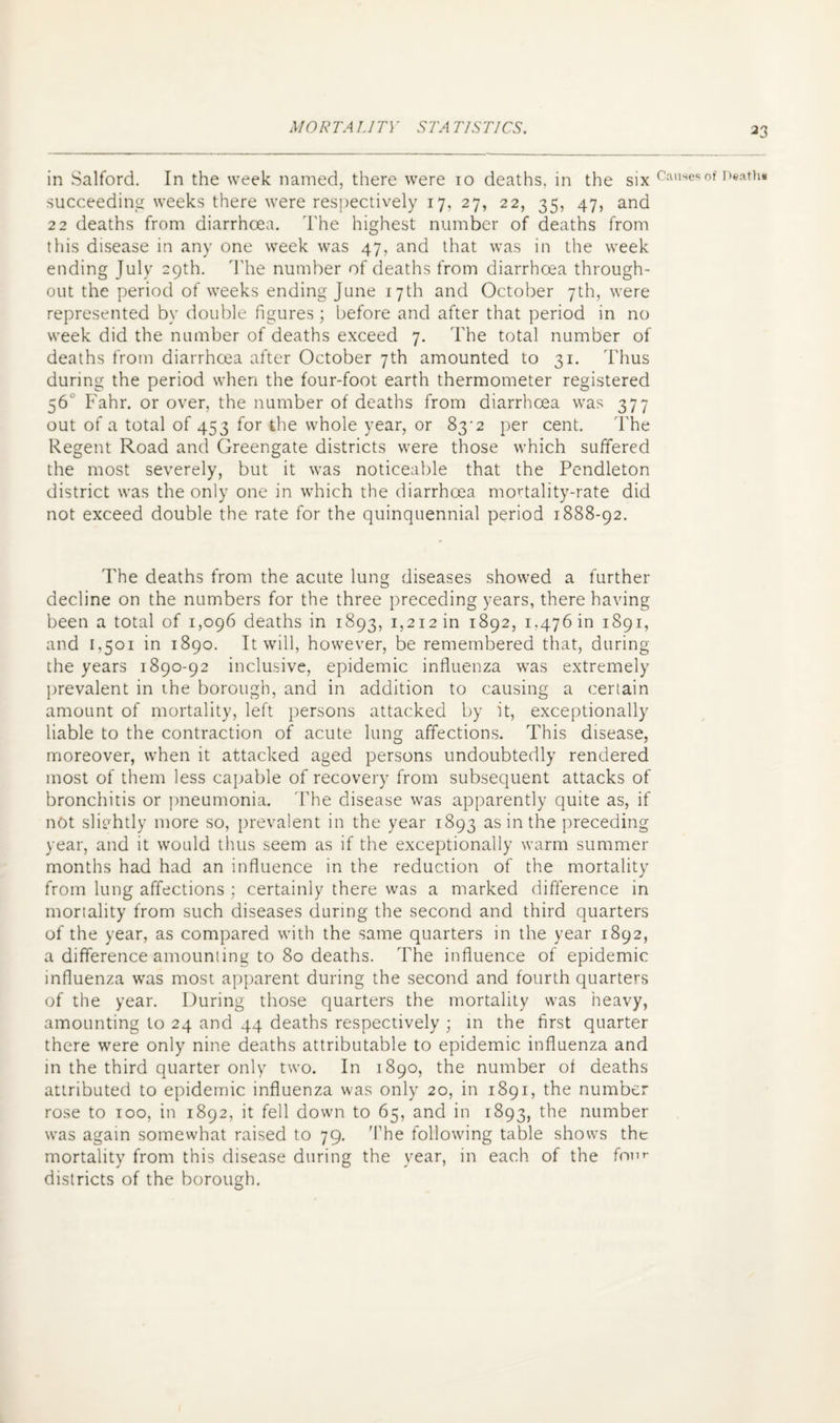 in Salford. In the week named, there were 10 deaths, in the six causes of r>#ath* succeeding weeks there were respectively 17, 27, 22, 35, 47, and 22 deaths from diarrhoea. The highest number of deaths from this disease in any one week was 47, and that was in the week ending July 29th. The number of deaths from diarrhoea through¬ out the period of weeks ending June 17th and October 7th, were represented by double figures ; before and after that period in no week did the number of deaths exceed 7. The total number of deaths from diarrhoea after October 7th amounted to 31. Thus during the period when the four-foot earth thermometer registered 56' Fahr. or over, the number of deaths from diarrhoea was 377 out of a total of 453 for the whole year, or 83-2 per cent. The Regent Road and Greengate districts were those which suffered the most severely, but it was noticeable that the Pendleton district was the only one in which the diarrhoea mortality-rate did not exceed double the rate for the quinquennial period 1888-92. The deaths from the acute lung diseases showed a further decline on the numbers for the three preceding years, there having been a total of 1,096 deaths in 1893, 1,212 in 1892, 1.476 in 1891, and 1,501 in 1890. It will, however, be remembered that, during the years 1890-92 inclusive, epidemic influenza was extremely prevalent in ihe borough, and in addition to causing a certain amount of mortality, left persons attacked by it, exceptionally liable to the contraction of acute lung affections. This disease, moreover, when it attacked aged persons undoubtedly rendered most of them less capable of recovery from subsequent attacks of bronchitis or pneumonia. 'The disease was apparently quite as, if not slightly more so, prevalent in the year 1893 as in the preceding year, and it would thus seem as if the exceptionally warm summer months had had an influence in the reduction of the mortality from lung affections ; certainly there was a marked difference in mortality from such diseases during the second and third quarters of the year, as compared with the same quarters in the year 1892, a difference amounting to 80 deaths. The influence of epidemic influenza was most apparent during the second and fourth quarters of the year. During those quarters the mortality was heavy, amounting to 24 and 44 deaths respectively ; in the first quarter there were only nine deaths attributable to epidemic influenza and in the third quarter only two. In 1890, the number of deaths attributed to epidemic influenza was only 20, in 1891, the number rose to 100, in 1892, it fell down to 65, and in 1893, the number was again somewhat raised to 79. The following table shows the mortality from this disease during the year, in each of the font- districts of the borough.