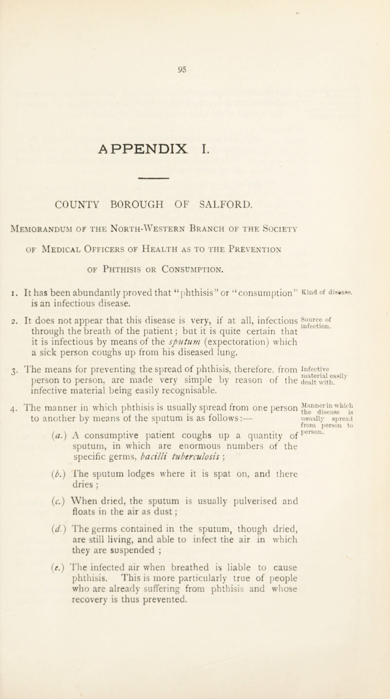 APPENDIX I. COUNTY BOROUGH OF SALFORD. Memorandum of the North-Western Branch of the Society of Medical Officers of Health as to the Prevention of Phthisis or Consumption. 1. It has been abundantly proved that “phthisis” or “consumption” is an infectious disease. 2. It does not appear that this disease is very, if at all, infectious through the breath of the patient; but it is quite certain that it is infectious by means of the sputum (expectoration) which a sick person coughs up from his diseased lung. 3. The means for preventing the spread of phthisis, therefore, from person to person, are made very simple by reason of the infective material being easily recognisable. 4. The manner in which phthisis is usually spread from one person to another by means of the sputum is as follows:— (a.) A consumptive patient coughs up a quantity of sputum, in which are enormous numbers of the specific germs, bacilli tuberculosis ; (b.) The sputum lodges where it is spat on, and there dries ; (c.) When dried, the sputum is usually pulverised and floats in the air as dust; (d.) The germs contained in the sputum, though dried, are still living, and able to infect the air in which they are suspended ; (e.) 'The infected air when breathed is liable to cause phthisis. This is more particularly true of people who are already suffering from phthisis and whose recovery is thus prevented. Kind of disease. Source of infection. Infective material easily dealt with. Manner in which the disease is usually spread from person to person.