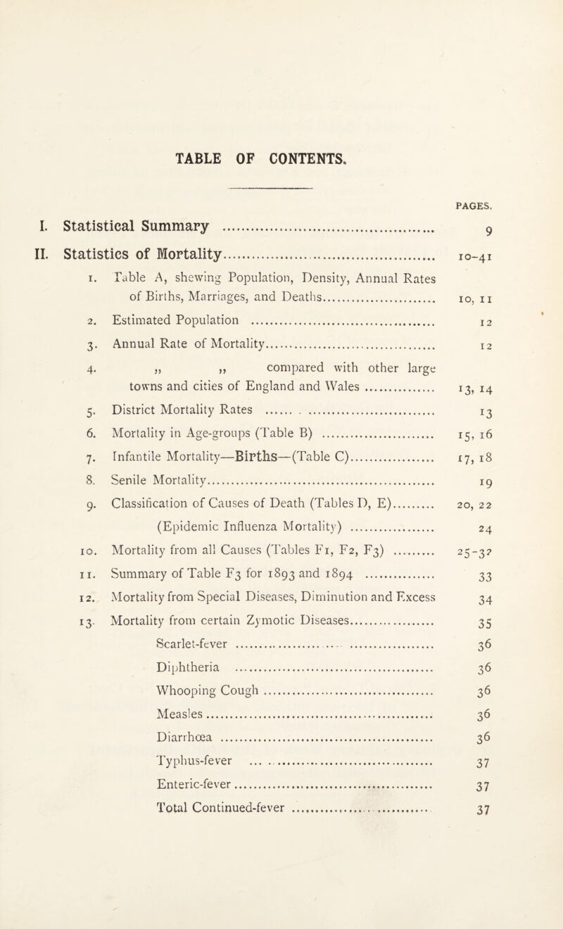 TABLE OF CONTENTS* PAGES. I. Statistical Summary ..... 9 IL Statistics of Mortality. 10-41 1. Table A, shewing Population, Density, Annual Rates of Births, Marriages, and Deatlis..... 10, ii 2. Estimated Population . 12 3. Annual Rate of Mortality. 12 4. „ ,, compared with other large towns and cities of England and Wales . 13, 14 5. District Mortality Rates . 13 6. Mortality in Age-groups (Table B) . 15, 16 7. Infantile Mortality—BirtllS—(Table C).. 17, 18 8. Senile Mortality. 19 9. Classification of Causes of Death (Tables D, E). 20, 22 (Epidemic Influenza Mortality) . 24 10. Mortality from all Causes (Tables Fi, F2, F3) . 25-3? 11. Summary of Table F3 for 1893 and 1894 . 33 12. Mortality from Special Diseases, Diminution and Excess 34 13. Mortality from certain Zymotic Diseases. 35 Scarlet-fdver . 36 Diphtheria . 36 Whooping Cough. 36 Measles. 36 Diarrhoea . 36 Typhus-fever ... .. 37 Enteric-fever. 37 Total Continued-fever .. 37