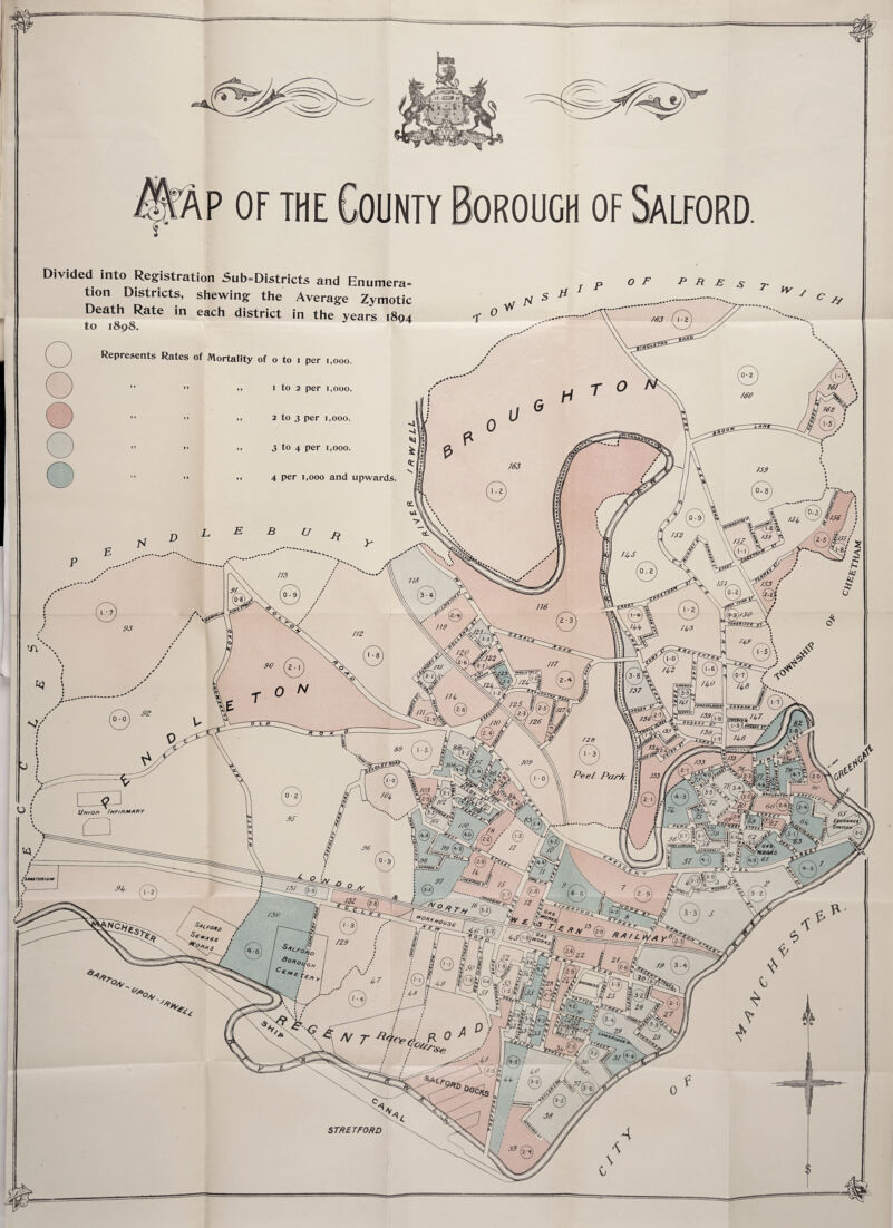 ^Ap of the County Borough of Salford. I tion Districts, shewing the Average Zymotic Death Rate in each district in the years 1804 to 1898. / ^