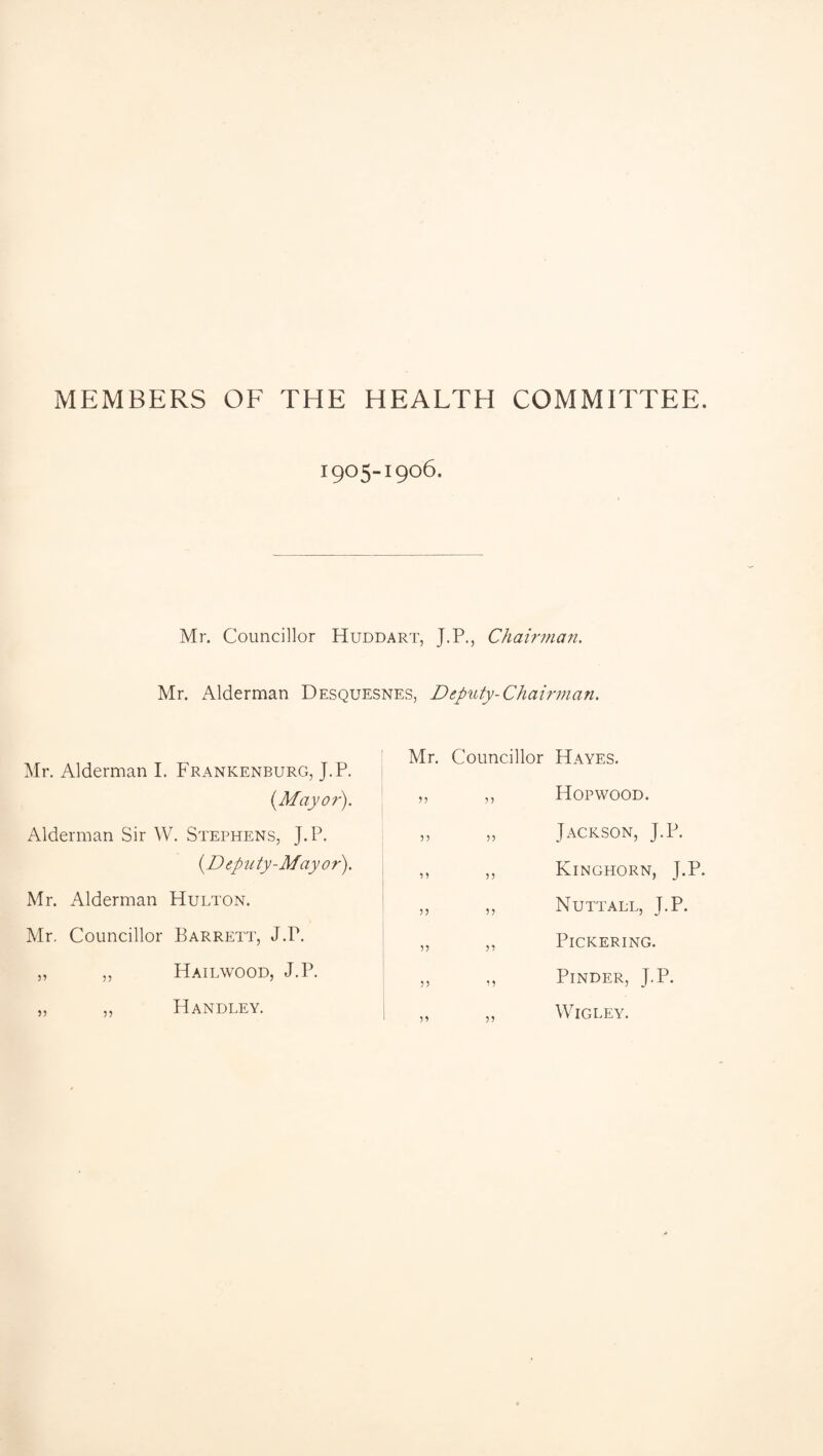 MEMBERS OF THE HEALTH COMMITTEE. 1905-1906. Mr. Councillor Huddart, J.P., Chairman. Mr. Alderman Desquesnes, Deputy-Chairman. Mr. Alderman I. Frankenburg, J.P. (Mayor). Alderman Sir W. Stephens, J.P. (Deputy-May or). Mr. Alderman Hulton. Mr. Councillor Barrett, J.P. „ ,, Hailwood, J.P. „ ,, Handley. Mr. Councillor Hayes. Hop wood. Jackson, J.P. Kinghorn, J.P. Nuttall, J.P. Pickering. Pinder, J.P. Wigley. >5 55 55 55 55 55 55 55 55 55 55 55
