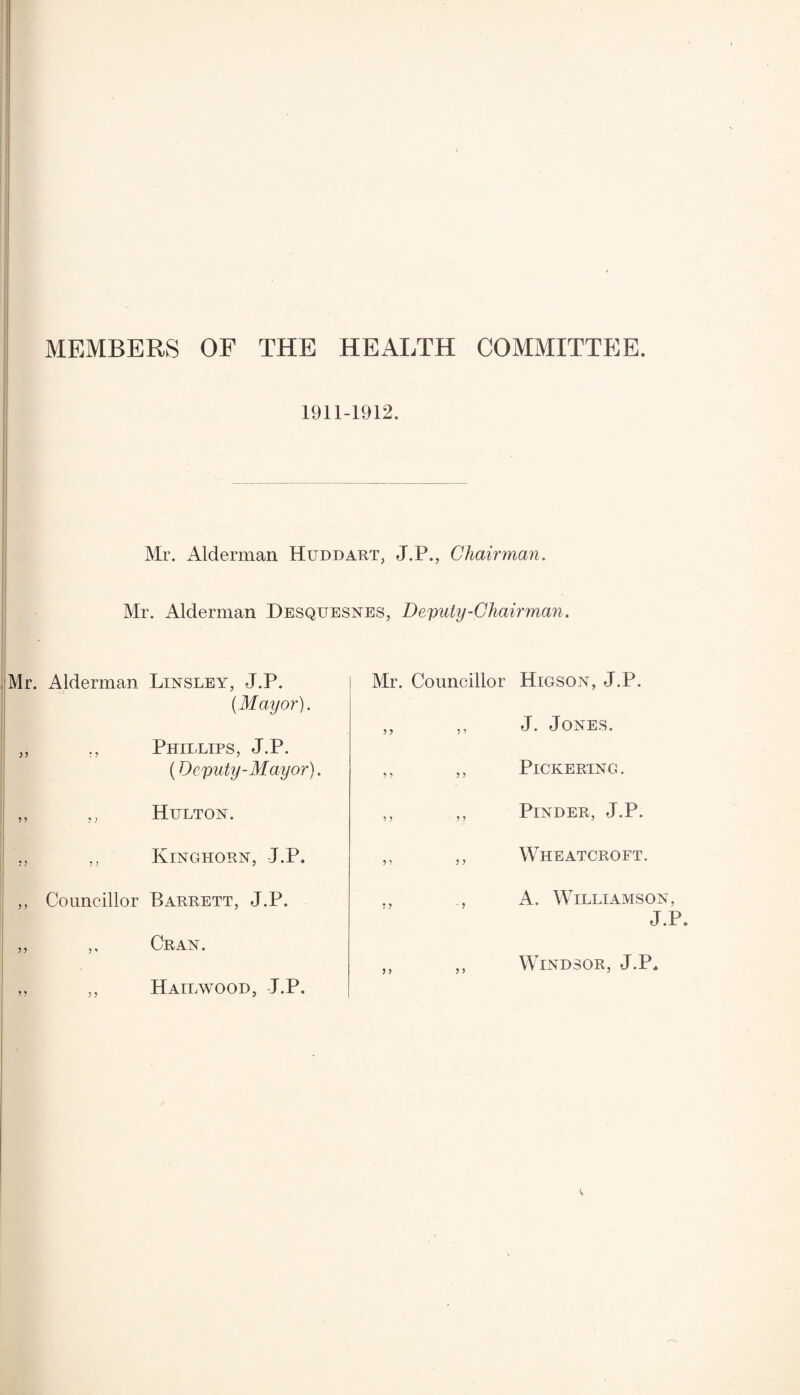 MEMBERS OF THE HEALTH COMMITTEE. 1911-1912. Mr. Alderman Huddart, J.P., Chairman. Mr. Alderman Desquesnes, Deputy-Chairman. Mr. Alderman Linsley, J.P. {Mayor). „ ., Phillips, J.P. (Deputy-Mayor). ,, ,, Hulton. ., ,, Kinghorn, J.P. ,, Councillor Barrett, J.P. ,, ,, Cran. ,, ,, Hailwood, J.P. Mr. Councillor Higson, J.P. ,, ,, J. Jones. ,, ,, Pickering. ,, ,, Pinder, J.P. ,, ,, Wheatcroft. ., A. Williamson, J.P. ,, ,, Windsor, J.P.