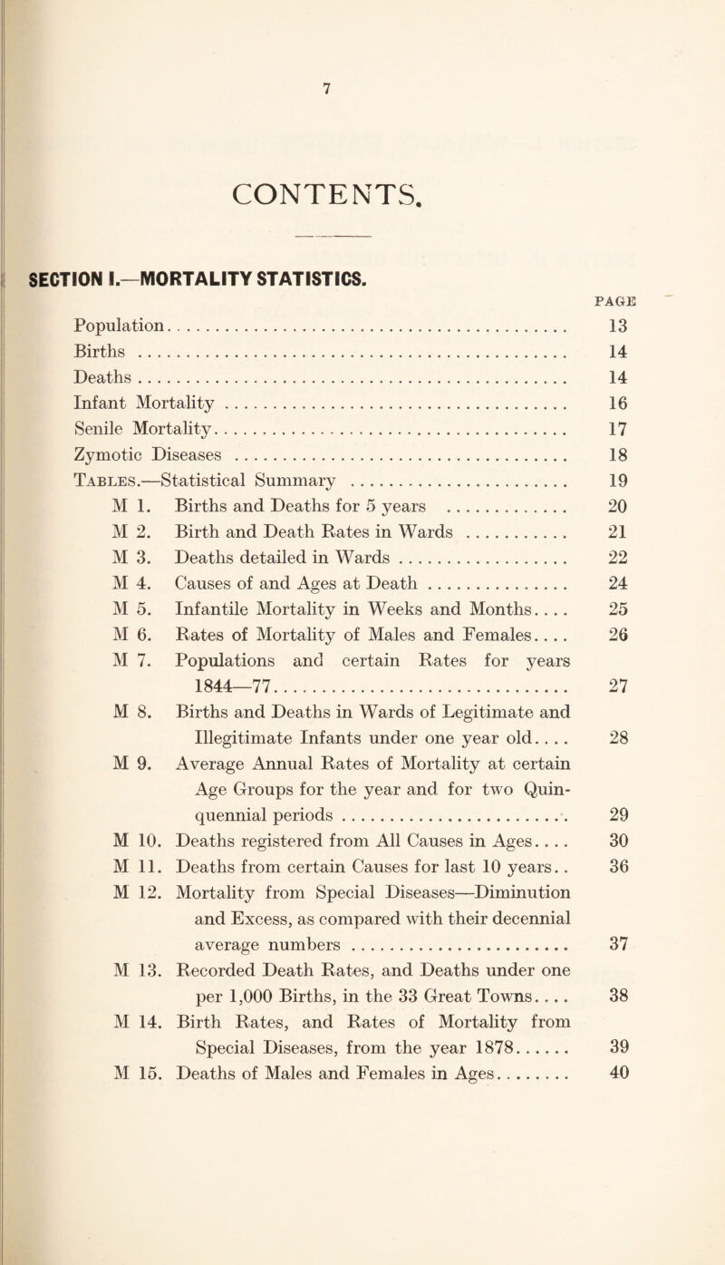 CONTENTS. SECTION I.—MORTALITY STATISTICS. PAGE Population. 13 Births . 14 Deaths. 14 Infant Mortality. 16 Senile Mortality. 17 Zymotic Diseases . 18 Tables.—Statistical Summary . 19 M 1. Births and Deaths for 5 years . 20 M 2. Birth and Death Rates in Wards . 21 M 3. Deaths detailed in Wards. 22 M 4. Causes of and Ages at Death. 24 M 5. Infantile Mortality in Weeks and Months. ... 25 M 6. Rates of Mortality of Males and Females.... 26 M 7. Populations and certain Rates for years 1844—77. 27 M 8. Births and Deaths in Wards of Legitimate and Illegitimate Infants under one year old.... 28 M 9. Average Annual Rates of Mortality at certain Age Groups for the year and for two Quin¬ quennial periods. 29 M 10. Deaths registered from All Causes in Ages.... 30 Mil. Deaths from certain Causes for last 10 years.. 36 M 12. Mortality from Special Diseases—Diminution and Excess, as compared with their decennial average numbers. 37 M 13. Recorded Death Rates, and Deaths under one per 1,000 Births, in the 33 Great Towns. ... 38 M 14. Birth Rates, and Rates of Mortality from Special Diseases, from the year 1878. 39 M 15. Deaths of Males and Females in Ages. 40