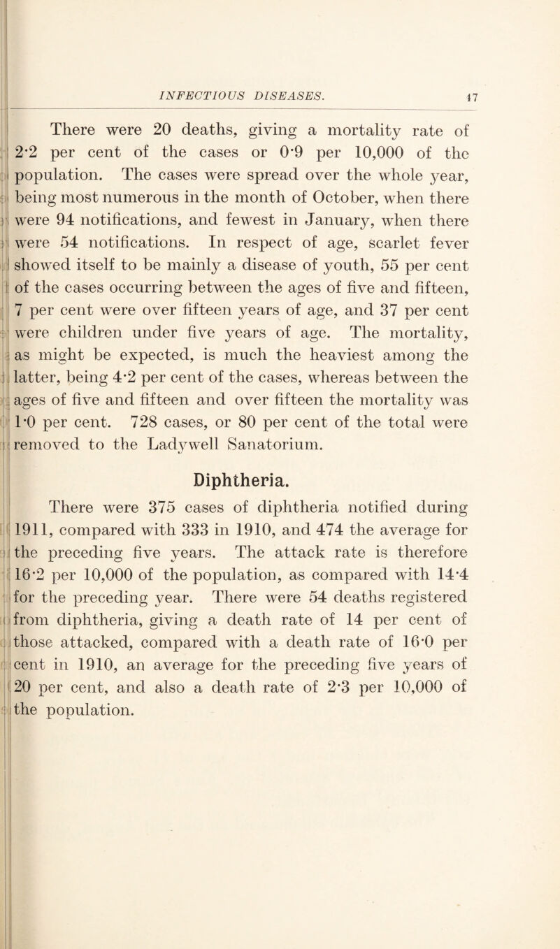 There were 20 deaths, giving a mortality rate of 2*2 per cent of the cases or 0*9 per 10,000 of the population. The cases were spread over the whole year, being most numerous in the month of October, when there : were 94 notifications, and fewest in January, when there were 54 notifications. In respect of age, scarlet fever showed itself to be mainly a disease of youth, 55 per cent of the cases occurring between the ages of five and fifteen, 7 per cent were over fifteen years of age, and 37 per cent were children under five years of age. The mortality, as might be expected, is much the heaviest among the 1 latter, being 4*2 per cent of the cases, whereas between the ages of five and fifteen and over fifteen the mortality was TO per cent. 728 cases, or 80 per cent of the total were ! removed to the Lady well Sanatorium. Diphtheria. There were 375 cases of diphtheria notified during 1911, compared with 333 in 1910, and 474 the average for the preceding five years. The attack rate is therefore 16*2 per 10,000 of the population, as compared with 14*4 for the preceding year. There were 54 deaths registered i from diphtheria, giving a death rate of 14 per cent of those attacked, compared with a death rate of 16*0 per scent in 1910, an average for the preceding five years of 20 per cent, and also a death rate of 2*3 per 3.0,000 of • the population.