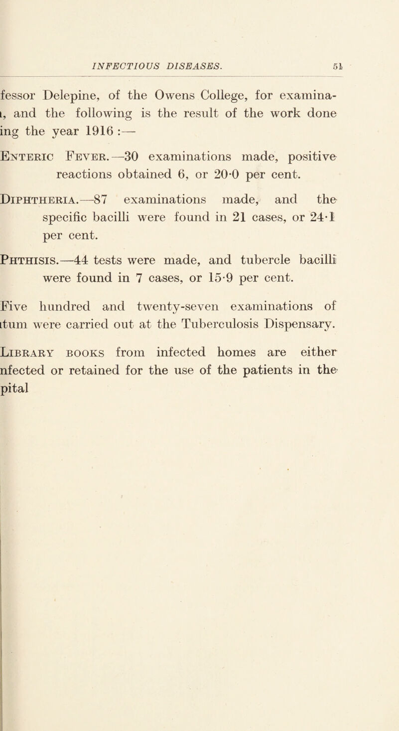 fessor Delepine, of the Owens College, for examina- l, and the following is the result of the work done ing the year 1916 :— Enteric Fever. —30 examinations made, positive reactions obtained 6, or 20-0 per cent. Diphtheria.—87 examinations made, and the specific bacilli were found in 21 cases, or 24-1 per cent. Phthisis.—44 tests were made, and tubercle bacilli were found in 7 cases, or 15-9 per cent. Five hundred and twenty-seven examinations of Ltum were carried out at the Tuberculosis Dispensary. Library books from infected homes are either nfected or retained for the use of the patients in the pital