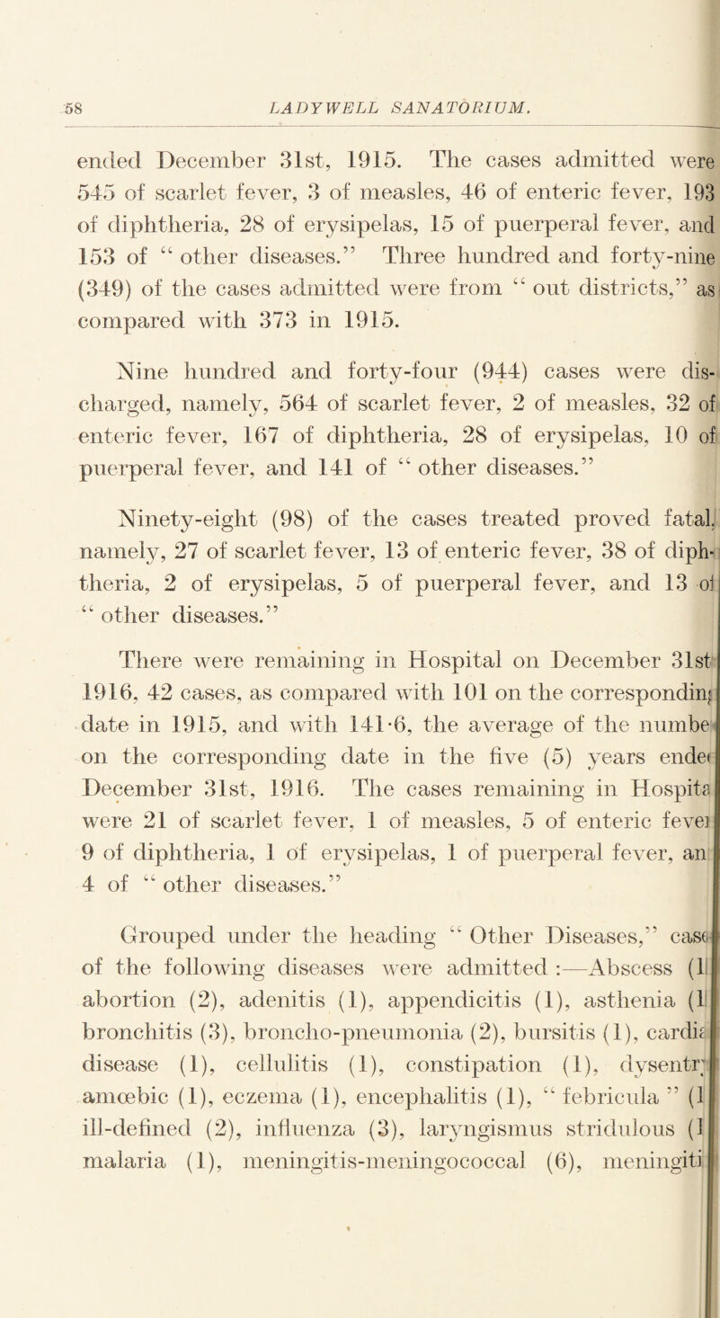 ended December 31st, 1915. The cases admitted were 545 of scarlet fever, 3 of measles, 46 of enteric fever, 193 of diphtheria, 28 of erysipelas, 15 of puerperal fever, and 153 of “ other diseases.” Three hundred and forty-nine (349) of the cases admitted were from cc out districts,” as compared with 373 in 1915. Nine hundred and forty-four (944) cases were dis¬ charged, namely, 564 of scarlet fever, 2 of measles, 32 of enteric fever, 167 of diphtheria, 28 of erysipelas, 10 of puerperal fever, and 141 of other diseases.” Ninety-eight (98) of the cases treated proved fatal, namely, 27 of scarlet fever, 13 of enteric fever, 38 of diph¬ theria, 2 of erysipelas, 5 of puerperal fever, and 13 oi other diseases.” There were remaining in Hospital on December 31st 1916, 42 cases, as compared with 101 on the corresponding date in 1915, and with 14T6, the average of the numbe on the corresponding date in the five (5) years ende< December 31st, 1916. The cases remaining in Hospita were 21 of scarlet fever, 1 of measles, 5 of enteric fevei 9 of diphtheria, 1 of erysipelas, 1 of puerperal fever, an 4 of “ other diseases.” Grouped under the heading “ Other Diseases,” case of the following diseases were admitted :—Abscess (1! abortion (2), adenitis (1), appendicitis (1), asthenia (1 bronchitis (3), broncho-pneumonia (2), bursitis (1), cardh disease (1), cellulitis (1), constipation (1), dysentr amoebic (1), eczema (1), encephalitis (1), “ febricula (1 ill-defined (2), influenza (3), laryngismus stridulous (1 malaria (1), meningitis-meningococcal (6), meningiti