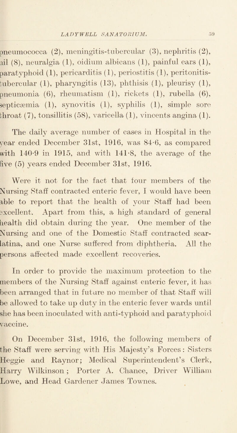 pneumococca (2), meningitis-tubercular (3), nephritis (2), hi (8), neuralgia (1), oidium albicans (I), painful ears (1), paratyphoid (1), pericarditis (I), periostitis (1). peritonitis- Liibercular (I), pharyngitis (13), phthisis (1), pleurisy (1), pneumonia (6), rheumatism (1), rickets (1), rubella (6), septicaemia (1), synovitis (1), syphilis (1), simple sore throat (7), tonsillitis (58), varicella (1), vincents angina (1). The daily average number of cases in Hospital in the year ended December 31st, 1916, was 84*6, as compared with 140*9 in 1915, and with 141*8, the average of the uve (5) years ended December 31st, 1916. Were it not for the fact that four members of the Nursing Staff contracted enteric fever, I would have been able to report that the health of your Staff had been excellent. Apart from this, a high standard of general health did obtain during the year. One member of the Nursing and one of the Domestic Staff contracted scar¬ latina, and one Nurse suffered from diphtheria. All the persons affected made excellent recoveries. In order to provide the maximum protection to the members of the Nursing Staff against enteric fever, it has been arranged that in future no member of that Staff will be allowed to take up duty in the enteric fever wards until she has been inoculated with anti-typhoid and paratyphoid vaccine. On December 31st, 1916, the following members of the Staff were serving with His Majesty’s Forces: Sisters Heggie and Raynor; Medical Superintendent’s Clerk, Harry Wilkinson; Porter A. Chance, Driver William Lowe, and Head Gardener James Townes.