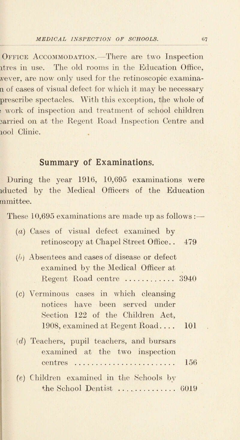 Office Accommodation.—There are two Inspection it res in nse. The old rooms in the Education Office, Never, are now only used for the retinoseopic examina- 11 of cases of visual defect for which it may be necessary prescribe spectacles. With this exception, the whole of 5 work of inspection and treatment of school children 3arried on at the Regent Road Inspection Centre and iooI Clinic. Summary of Examinations. During the year 1916, 10,695 examinations were iducted by the Medical Officers of the Education mmittee. These 10,695 examinations are made up as follows :— (a) Cases of visual defect examined by retinoscopy at Chapel Street Office.. 479 (/>) Absentees and cases of disease or defect examined by the Medical Officer at Regent Road centre . 3940 (c) Verminous cases in which cleansing notices have been served under Section 122 of the Children Act, 1908, examined at Regent Road. .. . 101 (d) Teachers, pupil teachers, and bursars examined at the two inspection centres . 156 (e) Children examined in the Schools by the School Dentist.. 6019