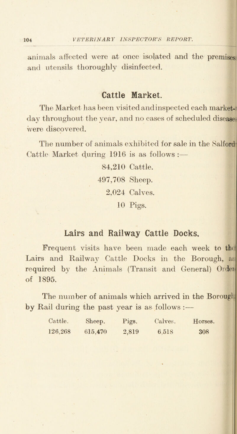 animals affected were at once isolated and the premises and utensils thoroughly disinfected. Cattle Market. The Market has been visited andinspected each market- day throughout the year, and no cases of scheduled disease were discovered. The number of animals exhibited for sale in the Salford Cattle Market during 1916 is as follows :— 84,210 Cattle. 497,708 Sheep. 2,024 Calves. 10 Figs. Lairs and Railway Cattle Docks. Frequent visits have been made each week to the Lairs and Railwa}7 Cattle Docks in the Borough, as required by the Animals (Transit and General) Order of 1895. The number of animals which arrived in the Borough by Rail during the past year is as follows :— Cattle. Sheep. Pigs. Calves. Horses. 126,268 615,470 2,819 6.518 308