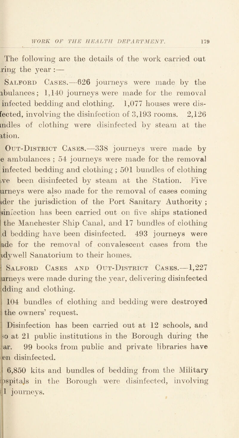 The following are the details of the work carried out ring the year :— Salford Cases.—626 journeys were made by the ibulances; 1,140 journeys were made for the removal infected bedding and clothing. 1,077 houses were de¬ fected, involving the disinfection of 3,193 rooms. 2,126 indies of clothing were disinfected by steam at the ition. Out-District Cases.—338 journeys were made by e ambulances ; 54 journeys were made for the removal infected bedding and clothing ; 501 bundles of clothing we been disinfected by steam at the Station. Five urneys were also made for the removal of cases coming ider the jurisdiction of the Port Sanitary Authority ; ^infection has been carried out on five ships stationed the Manchester Ship Canal, and 17 bundles of clothing cl bedding have been disinfected. 493 journeys were ade for the removal of convalescent cases from the idywell Sanatorium to their homes. I Salford Cases and Out-District Cases.—1,227 urneys were made during the year, delivering disinfected dding and clothing. 104 bundles of clothing and bedding were destroyed the owners’ request. Disinfection has been carried out at 12 schools, and Bo at 21 public institutions in the Borough during the ar. 99 books from public and private libraries have en disinfected. 6,850 kits and bundles of bedding from the Military ospitajs in the Borough were disinfected, involving 1 journeys.