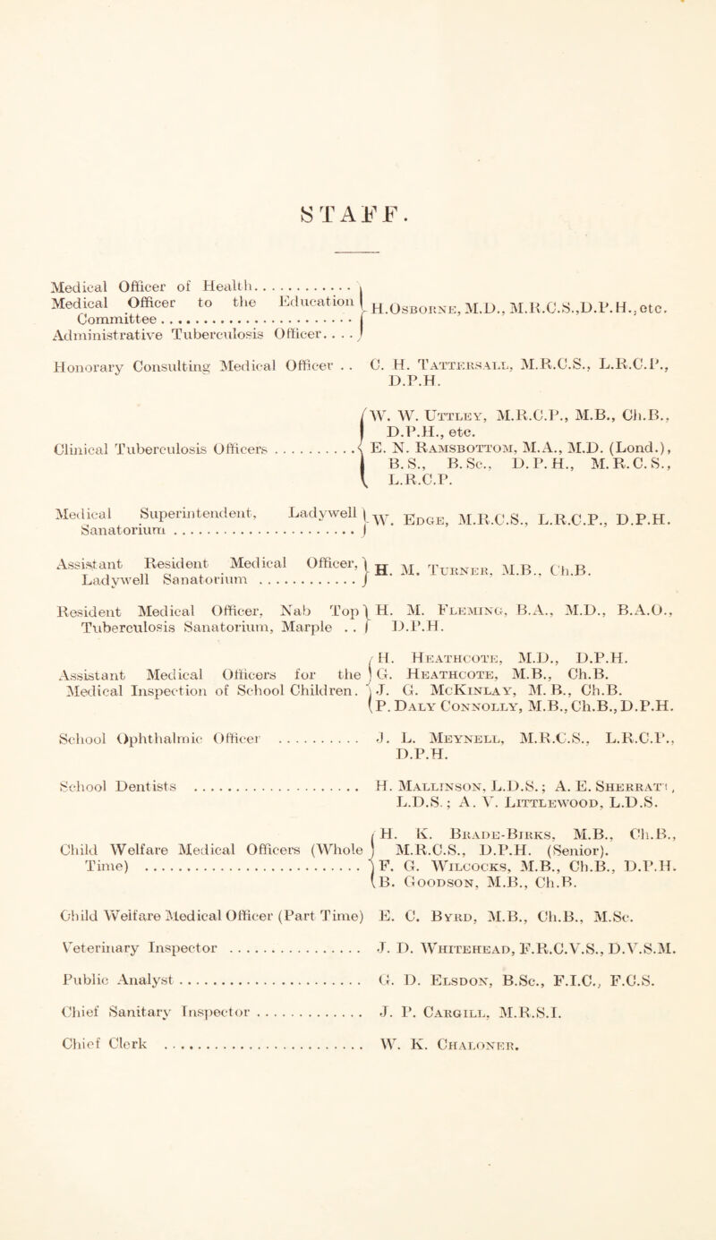 STAFF. Medical Officer of Health.. Medical Officer to the Education \ H Osborne, M.D., M.R.C.S.,D.P. H..etc. Committee. Administrative Tuberculosis Officer.. .. ) Honorary Consulting Medical Officer . . C. H. Tattersall, M.R.C.S., L.R.C.P., D.P.H. W. W. Uttley, M.R.C.P., M.B., Ch.B., D.P.H., etc. Clinical Tuberculosis Officers.{ E. N. Ramsbottom, M.A., M.D. (Lond.), B.S., B. Sc., D.P.H., M.R.C.S., L.R.C.P. Medical Superintendent, Ladywell j w Edge, M.R.C.S., L.R.C.P., D.P.H. Sanatorium.I Assistant Resident Medical Officer, \ Ladywell Sanatorium .J Resident Medical Officer, Nab Top j Tuberculosis Sanatorium, Marple . . 1 H. M. Turner, M.B., Ch.B. H. M. Fleming, B.A., M.D., D.P.H. B.A.O., / H. Heathcote, M.D., D.P.H. Assistant Medical Officers for the j G. Heathcote, M.B., Ch.B. Medical Inspection of SchoolChildren. ’]-T. G. McKinlay, M. B., Ch.B. (p. Daly Connolly, M.B., Ch.B., D.P.H. School Ophthalmic Officer J. L. Meynell, M.R.C.S., L.R.C.P., D.P.H. School Dentists . Child Welfare Medical Officers (Whole Time) Child Welfare Medical Officer (Part Time) Veterinary Inspector Public Analyst. Chief Sanitary Inspector Chief Clerk . H. Malltnson, L.D.S.; A. E. Sherrat i, L.D.S.; A. V. Littlewood, L.D.S. / H. K. Brade-Bjrks. M.B., Ch.B., ' M.R.C.S., D.P.H. (Senior). F. G. Wilcocks, M.B., Ch.B., D.P.H. B. Goodson, M.B., Ch.B. E. C. Byrd, M.B., Ch.B., M.Sc. G. D. Elsdon, B.Sc., F.I.C., F.C.S. J. P. Cargill, M.R.S.I. W. K. Chaloner. J. D. Whitehead, F.R.C.V.S., D.V.S.M,