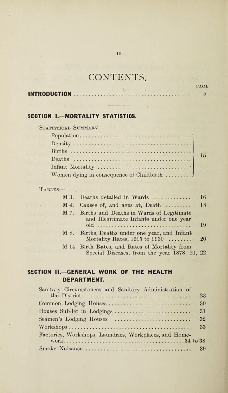 CONTENTS. PAGE INTRODUCTION... 5 SECTION I.—MORTALITY STATISTICS. Statistical Summary— Population. Density. Births . Deaths . Infant Mortality. Women dying in consequence of Childbirth. Tables— M 3. Deaths detailed in Wards . 16 M 4. Causes of, and ages at, Death . IS M 7. Births and Deaths in Wards of Legitimate and Illegitimate Infants under one year old . 19 M 8. Births, Deaths under one year, and Infant Mortality Rates, 1915 to 1930 . 20 M 14. Birth Rates, and Rates of Mortality from Special Diseases, from the year 1878 21, 22 SECTION II.—GENERAL WORK OF THE HEALTH DEPARTMENT. Sanitary Circumstances and Sanitary Administration of the District . 23 Common Lodging Houses. 30 Houses Subdet in Lodgings. 31 Seamen’s Lodging Houses . 32 Workshops. 33 Factories, Workshops, Laundries, Workplaces, and Home¬ work.34 to 38 Smoke Nuisance. 39