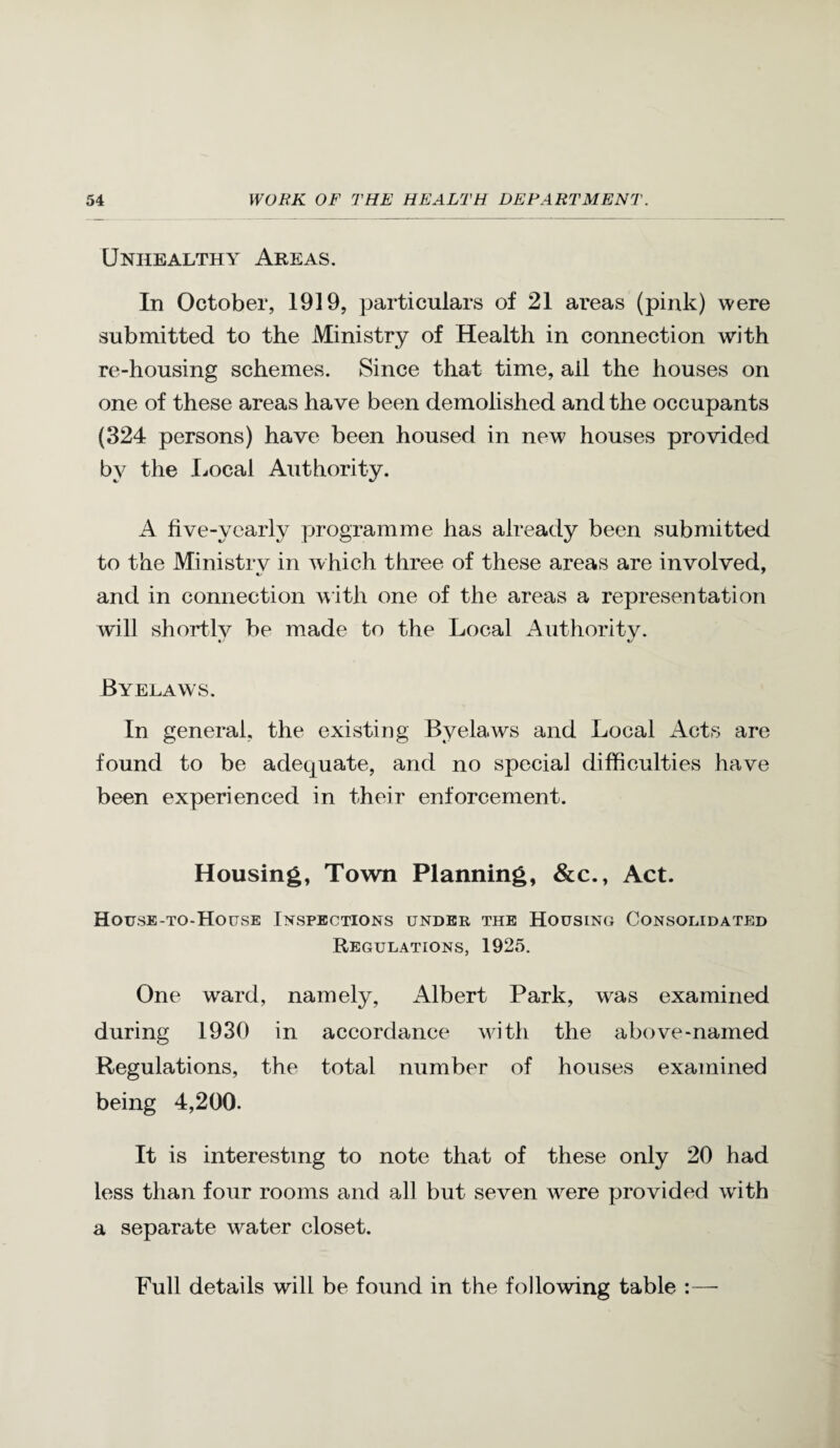 Unhealthy Areas. In October, 1919, particulars of 21 areas (pink) were submitted to the Ministry of Health in connection with re-housing schemes. Since that time, all the houses on one of these areas have been demolished and the occupants (324 persons) have been housed in new houses provided by the l..ocal Authority. A five-yearly programme has already been submitted to the Ministrv in which three of these areas are involved, and in connection with one of the areas a representation will shortIv be made to the Local Authoritv. • ' %y Byelaws. In general, the existing Byelaws and Local Acts are found to be adequate, and no special difficulties have been experienced in their enforcement. Housing, Town Planning, &c.. Act. House-to-House Inspections under the Housing Consolidated Regulations, 1925. One ward, namely, Albert Park, was examined during 1930 in accordance with the above-named Regulations, the total number of houses examined being 4,200. It is interesting to note that of these only 20 had less than four rooms and all but seven were provided wnth a separate water closet. Full details will be found in the following table :