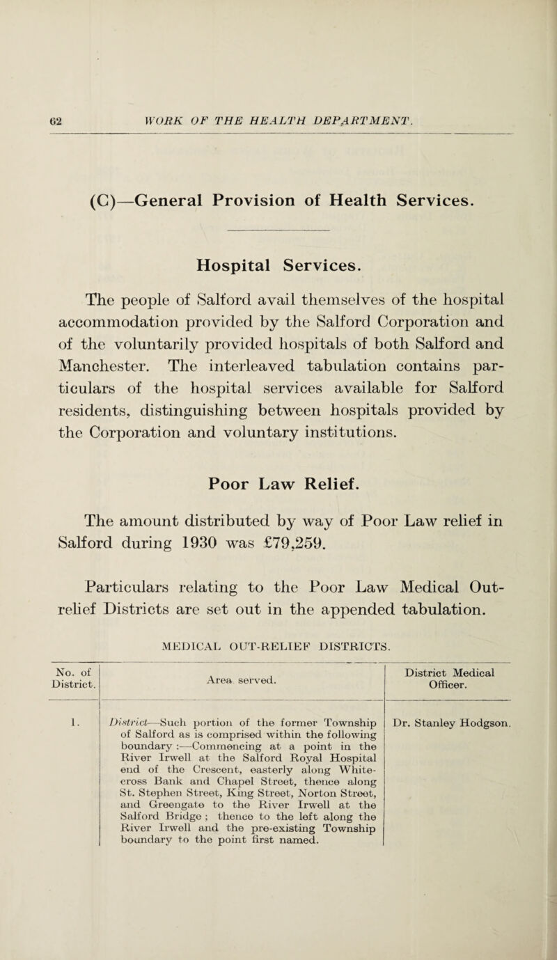 (C)—General Provision of Health Services. Hospital Services. The people of Salford avail themselves of the hospital accommodation provided by the Salford Corporation and of the voluntarily provided hospitals of both Salford and Manchester. The interleaved tabulation contains par¬ ticulars of the hospital services available for Salford residents, distinguishing between hospitals provided by the Corporation and voluntary institutions. Poor Law Relief. The amount distributed by way of Poor Law relief in Salford during 1930 was £79,259. Particulars relating to the Poor Law Medical Out- rehef Districts are set out in the appended tabulation. MEDICAL OUT-RELIEF DISTRICTS. No. of District. Area served. District Medical Officer, 1. District—Such portion of the former Township of Salford as is comprised within the following boundary :—Commencing at a point in the River Irwell at the Salford Royal Hospital end of the Crescent, easterly along White- cross Bank and Chapel Street, thence along St. Stephen Street, King Street, Norton Street, and Greengate to the River Irwell at the Salford Bridge ; thence to the left along the River Irwell and the pre-existing Township boundary to the point first named. Dr. Stanley Hodgson.