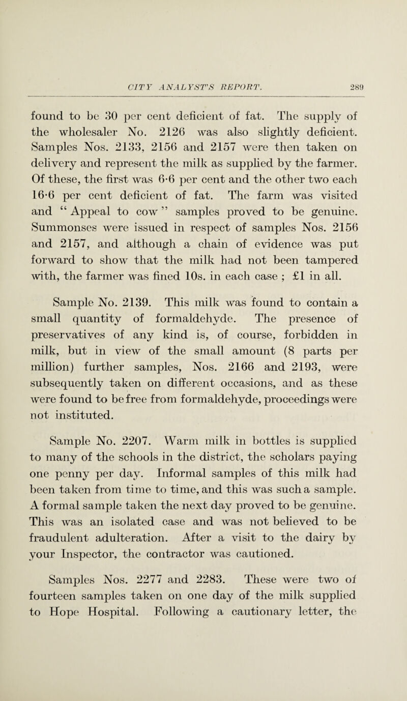 found to be 30 })er cent deficient of fat. The supply of the wholesaler No. 2126 was also slightly deficient. Samples Nos. 2133, 2156 and 2157 were then taken on delivery and represent the milk as supphed by the farmer. Of these, the first was 6*6 per cent and the other two each 16-6 per cent deficient of fat. The farm was visited and ‘‘ Appeal to cow ” samples proved to be genuine. Summonses were issued in respect of samples Nos. 2156 and 2157, and although a chain of evidence was put forward to show that the milk had not been tampered \vith, the farmer was fined 10s. in each case ; £1 in all. Sample No. 2139. This milk was found to contain a small quantity of formaldehyde. The presence of preservatives of any kind is, of course, forbidden in milk, but in view of the small amount (8 parts per million) further samples, Nos. 2166 and 2193, were subsequently taken on different occasions, and as these were found to be free from formaldehyde, proceedings were not instituted. Sample No. 2207. Warm milk in bottles is supphed to many of the schools in the district, the scholars paying one penny per day. Informal samples of this milk had been taken from time to time, and this was such a sample. A formal sample taken the next day proved to be genuine. This was an isolated case and was not believed to be fraudulent adulteration. After a visit to the dairy by your Inspector, the contractor was cautioned. Samples Nos. 2277 and 2283. These were two of fourteen samples taken on one day of the milk supplied to Hope Hospital. Following a cautionary letter, the