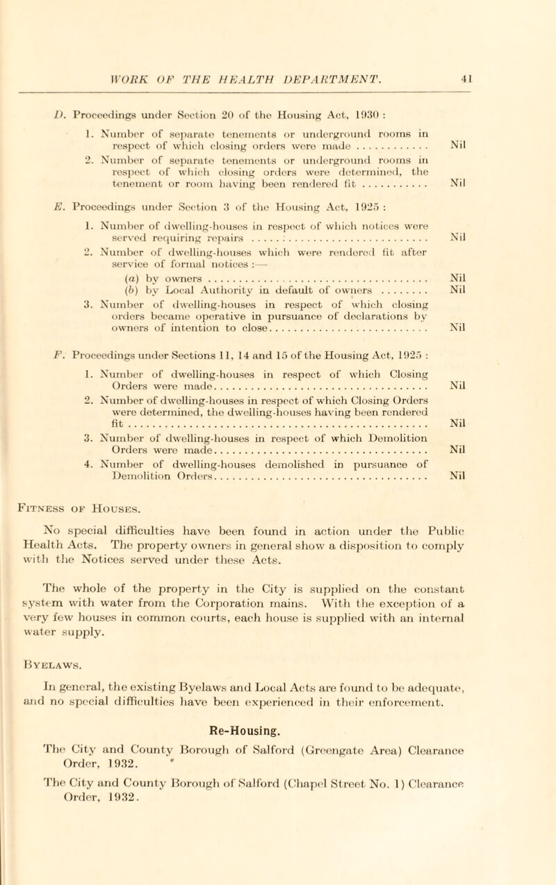 D. Proceedings under Section 20 of the Housing Act, 1930 : 1. Number of separate tenements or underground rooms in respect of which closing orders were made. Nil 2. Number of separate tenements or underground rooms in respoct of which closing orders were determined, the tenement or room having been rendered fit. Nil E. Proceedings under Section 3 of the Housing Act, 1925 : 1. Number of dwelling-houses in respoct of which notices were served requiring repairs ... Nil 2. Number of dwelling-houses which were rendered fit after service of formal notices :— (a) by owners. Nil (b) by Local Authority in default of owners . Nil 3. Number of dwelling-houses in respect of which closing orders became operative in pursuance of declarations by owners of intention to close. Nil F. Proceedings under Sections 11,14 and 15 of the Housing Act, 1925 : 1. Number of dwelling-houses in respoct of which Closing Orders were made. Nil 2. Number of dwolling-houses in respect of which Closing Orders were determined, the dwelling-houses having been rendered fit. Nil 3. Number of dwelling-houses in respect of which Demolition Orders were made. Nil 4. Number of dwelling-houses demolished in pursuance of Demolition Orders. Nil Fitness of Houses. No special difficulties have been found in action under the Public Health Acts. The property owners in general show a disposition to comply with the Notices served under these Acts. The whole of the property in the City is supplied on the constant system with water from the Corporation mains. With the exception of a very few houses in common courts, each house is supplied with an internal water supply. Byelaws. In general, the existing Byelaws and Local Acts are found to be adequate, and no special difficulties have been experienced in their enforcement. Re-Housing. The City and County Borough of Salford (Greengate Area) Clearance Order, 1932. The City and County Borough of Salford (Chapel Street No. 1) Clearance Order, 1932.