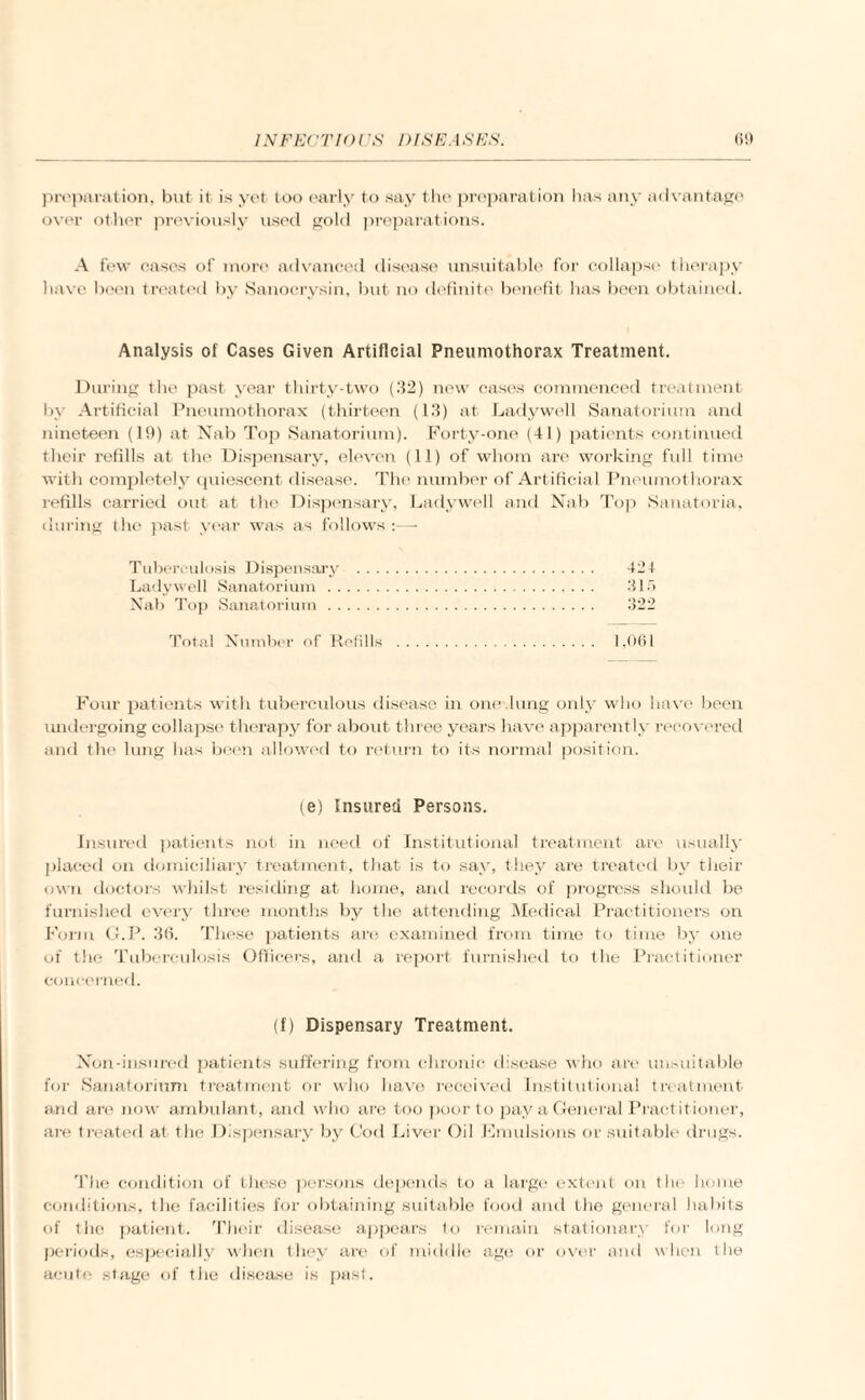 preparation, but it is yet too early to say the preparation has any advantage over other previously used gold preparations. A few cases of more advanced disease unsuitable for collapse therapy have been treated by Sanocrysin, but no definite benefit has been obtained. Analysis of Cases Given Artificial Pneumothorax Treatment. During the past year thirty-two (.'12) new cases commenced treatment by Artificial Pneumothorax (thirteen (111) at Ladywell Sanatorium and nineteen (19) at Nab Top Sanatorium). Forty-one (41) patients continued their refills at the Dispensary, eleven (11) of whom are working full time with completely quiescent disease. The number of Artificial Pneumothorax refills carried out at the Dispensary, Ladywell and Nab Top Sanatoria, during the past year was as follows :— Tuberculosis Dispensary . 424 Ladywell Sanatorium . .‘lb) Nab Top Sanatorium. 322 Total Number of Refills . 1,061 Four patients with tuberculous disease in one.lung only who have been undergoing collapse therapy for about three years have apparently recovered and the lung has been allowed to return to its normal position. (e) Insured Persons. Insured patients not in need of Institutional treatment are usually placed on domiciliary treatment, that is to say, they are treated by their own doctors whilst residing at home, and records of progress should be furnished every three months by the attending Medical Practitioners on Form G.P. 36. These patients are examined from time to time by one of the Tuberculosis Officers, and a report furnished to the Practitioner concerned. (f) Dispensary Treatment. Non-insured patients suffering from chronic disease who are unsuitable for Sanatorium treatment or who have received Institutional treatment and are now ambulant, and who are too poor to pay a General Practitioner, are treated at the Dispensary by Cod Liver Oil Emulsions or suitable drugs. The condition of these persons depends to a large extent on the home conditions, the facilities for obtaining suitable food and the general habits of the patient. Their disease appears to remain stationary for long periods, especially when they are of middle age or over and when the acute stage of the disease is past.