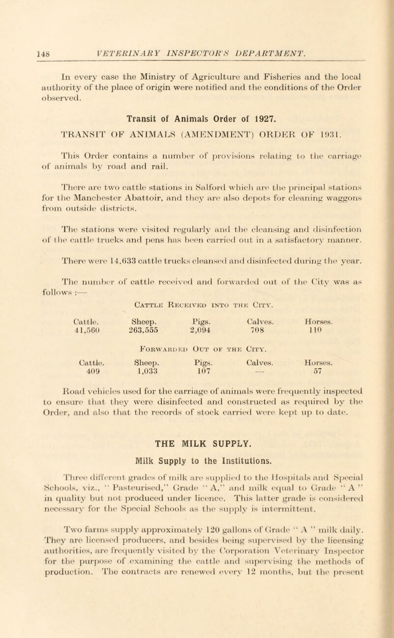 In every case the Ministry of Agriculture and Fisheries and the local authority of the place of origin were notified and the conditions of the Order observed. Transit of Animals Order of 1927. TRANSIT OF ANIMALS (AMENDMENT) ORDER OF 1931. This Order contains a number of provisions relating to the carriage of animals by road and rail. There are two cattle stations in Salford which are the principal stations for the Manchester Abattoir, and they are also depots for cleaning waggons from outside districts. The stations were visited regularly and the cleansing and disinfection of the cattle trucks and pens has been carried out in a satisfactory manner. There were 14,633 cattle trucks cleansed and disinfected during the year. The number of cattle received and forwarded out of the City was as follows :—• Cattle Received into the City. Cattle. Sheep. Pigs. Calves. Horses. 41,560 263,555 2,094 708 110 Forwarded Out of the City. Cattle. Sheep. Pigs. Calves. Horses. 409 1,033 107 57 Road vehicles used for the carriage of animals were frequently inspected to ensure that they were disinfected and constructed as required by the Order, and also that the records of stock carried were kept up to date. THE MILK SUPPLY. Milk Supply to the Institutions. Three different grades of milk are supplied to the I lospilals and Special Schools, viz., “ Pasteurised,” Grade “ A,” and milk equal to Grade A ” in quality but not produced under licence. This latter grade is considered necessary for the Special Schools as the supply is intermittent. Two farms supply approximately 120 gallons of Grade  A ” milk daily. They are licensed producers, and besides being supervised by the licensing authorities, are frequently visited by the Corporation Veterinary Inspector for the purpose of examining the cattle and supervising the methods of production. Tho contracts are renewed every 12 months, but tin* present