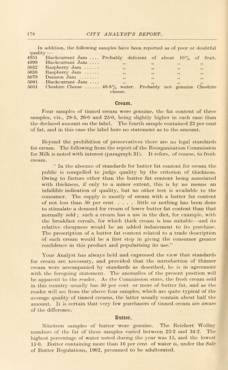 In addition, the following samples have been reported as of poor or doubtful quality :— 4951 Blackcurrant Jam .... Probably deficient of about 10% of fruit. 4999 Blackcurrant Jam .... „ ,, ,, ,, 5032 Raspberry Jam . ,, ,, „ ,, 5036 Raspberry Jam . ,, ,, ,, ,, 5079 Damson Jam . ,, „ „ ,, 5081 Blackcurrant Jam .... ,, ,, „ ,, 5051 Cheshire Cheese. 46-8% water. Probably not genuine Cheshire cheese. Cream. Four samples of tinned cream were genuine, the fat content of three samples, viz., 28-5, 26-0 and 25-0, being slightly higher in each case than the declared amount on the label. The fourth sample contained 23 per cent of fat, and in this case the label bore no statement as to the amount. Beyond the prohibition of preservatives there are no legal standards for cream. The following from the report of the Reorganisation Commission for Milk is noted with interest (paragraph 31). It refers, of course, to fresh cream. In the absence of standards for butter fat content for cream the public is compelled to judge quality by the criterion of thickness. Owing to factors other than the butter fat content being associated with thickness, if only to a minor extent, this is by no means an infallible indication of quality, but no other test is available to the consumer. The supply is mostly of cream with a butter fat content of not less than 50 per cent .... little or nothing has been done to stimulate a demand for cream of lower butter fat content than that normally sold ; such a cream has a use in the diet, for example, with the breakfast cereals, for which thick cream is less suitable—and its relative cheapness would be an added inducement to its purchase. The prescription of a butter fat content related to a trade description of such cream would be a first step in giving the consumer greater confidence in this product and popularising its use.” Your Analyst has always held and expressed the view that standards for cream are necessary, and provided that the introduction of thinner cream were accompanied by standards as described, he is in agreement with the foregoing statement. The anomalies of the present position will be apparent to the reader. As the Commission state, the fresh cream sold in this coimtry usually has 50 per cent or more of butter fat, and as the reader will see from the above four samples, which are quite typical of the average quality of tinned creams, the latter usually contain about half the amount. It is certain that very few purchasers of tinned cream are aware of the difference. Butter. Nineteen samples of butter were genuine. The Reichert Wollny numbers of the fat of these samples varied between 23-2 and 34-2. The highest percentage of water noted during the year was 15, and the lowest 1T0. Butter containing moro than 16 per cent of water is, under the Sale of Butter Regulations, 1902, presumed to be adulterated.