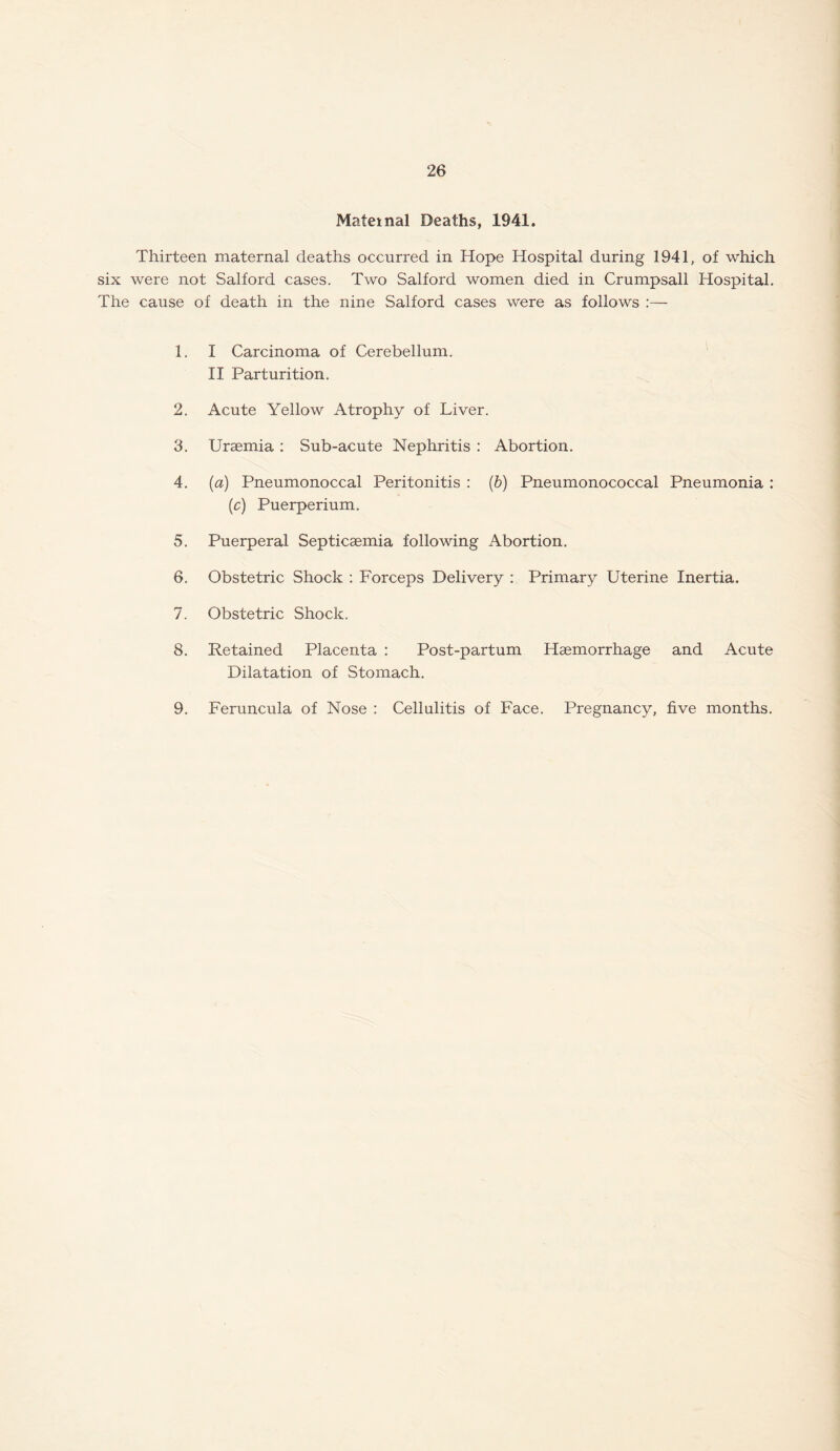 Maternal Deaths, 1941. Thirteen maternal deaths occurred in Hope Hospital during 1941, of which six were not Salford cases. Two Salford women died in Crumpsall Hospital. The cause of death in the nine Salford cases were as follows :— 1. I Carcinoma of Cerebellum. II Parturition. 2. Acute Yellow Atrophy of Liver. 3. Uraemia : Sub-acute Nephritis : Abortion. 4. (a) Pneumonoccal Peritonitis : (b) Pneumonococcal Pneumonia : (c) Puerperium. 5. Puerperal Septicaemia following Abortion. 6. Obstetric Shock : Forceps Delivery : Primary Uterine Inertia. 7. Obstetric Shock. 8. Retained Placenta : Post-partum Haemorrhage and Acute Dilatation of Stomach. 9. Feruncula of Nose : Cellulitis of Face. Pregnancy, five months.