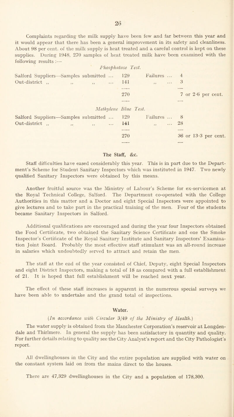 Complaints regarding the milk supply have been few and far between this year and it would appear that there has been a general improvement in its safety and cleanliness. About 98 per cent, of the milk supply is heat treated and a careful control is kept on these supplies. During 1948, 270 samples of heat treated milk have been examined with the following results :— Phosphatase Test. Salford Suppliers—Samples submitted ... Out-district ,, M ethylene Salford Suppliers—Samples submitted ... Out-district ,, ,, ,, 129 Failures ... 4 141 ) ) * * * 3 270 7 or Blue Test. 129 Failures ... 8 141 )) * * • 28 270 36 or 7 or 2-6 per cent. 36 or 13-3 per cent. The Staff, &c. Staff difficulties have eased considerably this year. This is in part due to the Depart¬ ment’s Scheme for Student Sanitary Inspectors which was instituted in 1947. Two newly qualified Sanitary Inspectors were obtained by this means. Another fruitful source was the Ministry of Labour’s Scheme for ex-servicemen at the Royal Technical College, Salford. The Department co-operated with the College Authorities in this matter and a Doctor and eight Special Inspectors were appointed to give lectures and to take part in the practical training of the men. Four of the students became Sanitary Inspectors in Salford. Additional qualifications are encouraged and during the year four Inspectors obtained the Food Certificate, two obtained the Sanitary Science Certificate and one the Smoke Inspector’s Certificate of the Royal Sanitary Institute and Sanitary Inspectors’ Examina¬ tion Joint Board. Probably the most effective staff stimulant was an all-round increase in salaries which undoubtedly served to attract and retain the men. The staff at the end of the year consisted of Chief, Deputy, eight Special Inspectors and eight District Inspectors, making a total of 18 as compared with a full establishment of 21. It is hoped that full establishment will be reached next year. The effect of these staff increases is apparent in the numerous special surveys we have been able to undertake and the grand total of inspections. Water, (In accordance with Circular 3/49 of the Ministry of Health.) The water supply is obtained from the Manchester Corporation’s reservoir at Longden- dale and Thirlmere. In general the supply has been satisfactory in quantity and quality. For further details relating to quality see the City Analyst’s report and the Chy Pathologist’s report. All dwellmghouses in the City and the entire population are supplied with water on the constant system laid on from the mains direct to the houses. There are 47,329 dwellinghouses in the City and a population of 178,300.