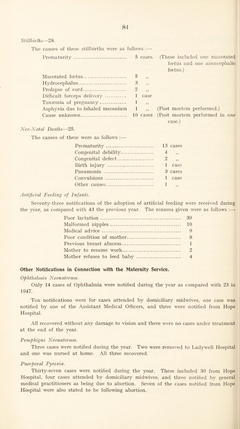Stillbirths—-28. The causes of these stillbirths were as follows :—■ Prematurity Macerated foetus. Hydrocephalus. Prolapse of cord. Difficult forceps delivery . Toxaemia of pregnancy. Asphyxia due to inhaled meconium Cause unknown. Neo-Natal Deaths—-25. 5 cases. 5 3 2 1 1 1 10 case cases (These included one macerated foetus and one anencephalic foetus.) (Post mortem performed.) (Post mortem performed in one case.) The causes of these were as follows :•—- Prematurity ... . 13 cases Congenital debility. . 4 y y Congenital defect. 9 > y Birth injury . ...... 1 case Pneumonia ....... . 3 cases Convulsions . . 1 case Other causes. ...... 1 y y Artificial Feeding of Infants. Seventy-three notifications of the adoption of artificial feeding were received during the year, as compared with 43 the previous year. The reasons given were as follows :— Poor lactation . 39 Malformed nipples . 10 Medical advice . 9 Poor condition of mother. 8 Previous breast abscess. 1 Mother to resume work. 2 Mother refuses to feed baby . 4 Other Notifications in Connection with the Maternity Service. Ophthalmia Neonatorum. Only 14 cases of Ophthalmia were notified during the year as compared with 23 in 1947. Ten notifications were for cases attended by domiciliary midwives, one case was notified by one of the Assistant Medical Officers, and three were notified from Hope Hospital. All recovered without any damage to vision and there were no cases under treatment at the end of the year. Pemphigus Neonatorum. Three cases were notified during the year. Two were removed to Ladywell Hospital and one was nursed at home. All three recovered. Puerperal Pyrexia. Thirty-seven cases were notified during the year. These included 30 from Hope Hospital, four cases attended by domiciliary midwives, and three notified by general medical practitioners as being due to abortion. Seven of the cases notified from Hope Hospital were also stated to be following abortion,