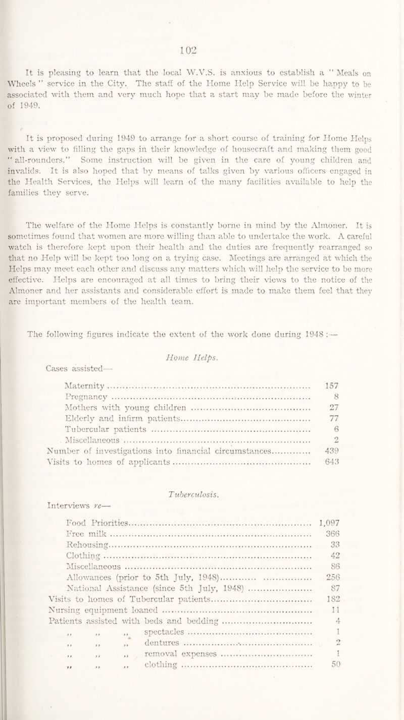 It is pleasing to learn that the local W.V.S. is anxious to establish a  Meals on Wheels ’’ service in the City. The staff of the Home Help Service will be happy to be associated with them and very much hope that a start may be made before the winter of 1949. It is proposed during 1949 to arrange for a short course of training for Home Helps with a view to filling the gaps in their knowledge of housecraft and making them good  all-rounders.” Some instruction will be given in the care of young children and invalids. It is also hoped that by means of talks given by various officers engaged in the Health Services, the Helps will learn of the many facilities available to help the families they serve. The welfare of the Home Helps is constantly borne in mind by the Almoner. It is sometimes found that women are more willing than able to undertake the work. A careful watch is therefore kept upon their health and the duties are frequently rearranged so that no Help will be kept too long on a trying case. Meetings are arranged at which the Helps may meet each other and discuss any matters which will help the service to be more effective. Helps are encouraged at all times to bring their views to the notice of the Almoner and her assistants and considerable effort is made to make them feel that they are important members of the health team. The following figures indicate the extent of the work done during 1948 :— Home Helps. Cases assisted—- Maternity. 157 Pregnancy . 8 Mothers with young children .... 27 Elderly and infirm patients. 77 Tubercular patients . 6 . Miscellaneous . 2 Number of investigations into financial circumstances. 439 Visits to homes of applicants. 643 Tuberculosis. Interviews re— Food Priorities..... 1,097 Free milk .. 366 Rehousing. 33 Clothing . 42 Miscellaneous . S6 Allowances (prior to 5th July, 1948). 256 National Assistance (since 5th July, 1948) ... 87 Visits to homes of Tubercular patients. 182 Nursing equipment loaned . II Patients assisted with beds and bedding . 4 ,, ,, ,, spectacles . 1 * ,, ,, ,, dentures .-. 2 ,, ,, ,, removal expenses .. 1 ,, ,, ,, clothing . 50