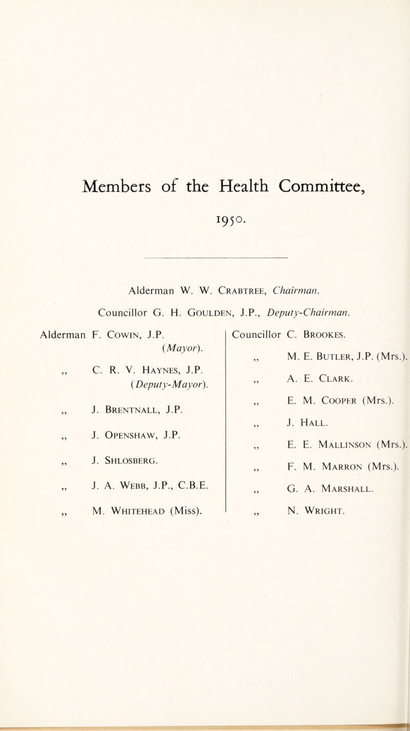Members of the Health Committee, i95°. Alderman W. W. Crabtree, Chairman. Councillor G. H. Goulden, J.P., Deputy-Chairman. Alderman F. Cowin, J.P. (Mayor). „ C. R. V. Haynes, J.P. (Deputy-Mayor). ,, J. Brentnall, J.P. „ J. Openshaw, J.P. „ J. Shlosberg. „ J. A. Webb, J.P., C.B.E. „ M. Whitehead (Miss). Councillor C. Brookes. „ M. E. Butler, J.P. (Mrs.). ,, A. E. Clark. ,, E. M. Cooper (Mrs.). ,, J. Hall. ,, E. E. Mallinson (Mrs.). ,, F. M. Marron (Mrs.). ,, G. A. Marshall. „ N. Wright.