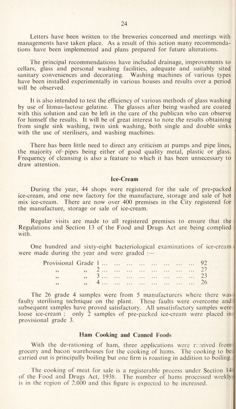 Letters have been written to the breweries concerned and meetings with managements have taken place. As a result of this action many recommenda¬ tions have been implemented and plans prepared for future alterations. The principal recommendations have included drainage, improvements to cellars, glass and personal washing facilities, adequate and suitably sited sanitary conveniences and decorating. Washing machines of various types have been installed experimentally in various houses and results over a period will be observed. It is also intended to test the efficiency of various methods of glass washing by use of litmus-lactose gelatine. The glasses after being washed are coated with this solution and can be left in the care of the publican who can observe for himself the results. It will be of great interest to note the results obtaining from single sink washing, twin sink washing, both single and double sinks with the use of sterilisers, and washing machines. There has been little need to direct any criticism at pumps and pipe lines, the majority of pipes being either of good quality metal, plastic or glass. Frequency of cleansing is also a feature to which it has been unnecessary to draw attention. Ice-Cream During the year, 44 shops were registered for the sale of pre-packed ice-cream, and one new factory for the manufacture, storage and sale of hot mix ice-cream. There are now over 400 premises in the City registered for the manufacture, storage or sale of ice-cream. Regular visits are made to all registered premises to ensure that the Regulations and Section 13 of the Food and Drugs Act are being complied with. One hundred and sixty-eight bacteriological examinations of ice-cream were made during the year and were graded :— Provisional Grade 1 ... 2 5? 55 ^ • • • 3 55 55 * . . 4 55 55 -T . . . The 26 grade 4 samples were from 5 manufacturers where there was< faulty sterilising technique on the plant. These faults were overcome and subsequent samples have proved satisfactory. All unsatisfactory samples were: loose ice-cream ; only 2 samples of pre-packed ice-cream were placed ini provisional grade 3. 92 27 23 26 Ham Cooking and Canned Foods With the de-rationing of ham, three applications were received from grocery and bacon warehouses for the cooking of hams. The cooking to be: carried out is principally boiling but one firm is roasting in addition to boiling. The cooking of meat for sale is a registerable process under Section 14- of the Food and Drugs Act, 1938. The number of hams processed weekly^ is in the region of 2.000 and this figure is expected to be increased.