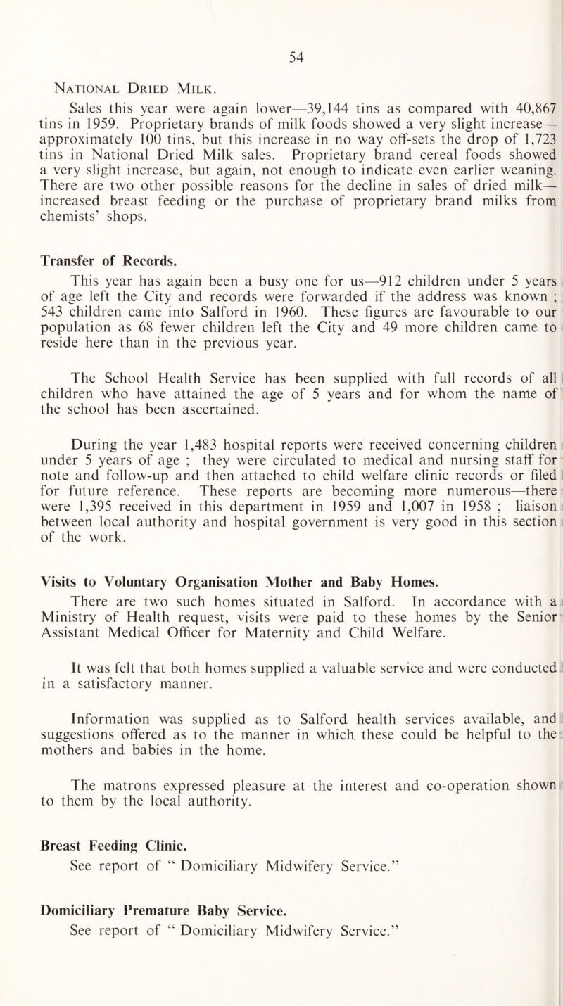 National Dried Milk. Sales this year were again lower—39,144 tins as compared with 40,867 tins in 1959. Proprietary brands of milk foods showed a very slight increase— approximately 100 tins, but this increase in no way off-sets the drop of 1,723 tins in National Dried Milk sales. Proprietary brand cereal foods showed a very slight increase, but again, not enough to indicate even earlier weaning. There are two other possible reasons for the decline in sales of dried milk— increased breast feeding or the purchase of proprietary brand milks from chemists’ shops. Transfer of Records. This year has again been a busy one for us—912 children under 5 years of age left the City and records were forwarded if the address was known ; 543 children came into Salford in 1960. These figures are favourable to our population as 68 fewer children left the City and 49 more children came to reside here than in the previous year. The School Health Service has been supplied with full records of all children who have attained the age of 5 years and for whom the name of the school has been ascertained. During the year 1,483 hospital reports were received concerning children under 5 years of age ; they were circulated to medical and nursing staff for note and follow-up and then attached to child welfare clinic records or filed for future reference. These reports are becoming more numerous—there were 1,395 received in this department in 1959 and 1,007 in 1958 ; liaison between local authority and hospital government is very good in this section of the work. Visits to Voluntary Organisation Mother and Baby Homes. There are two such homes situated in Salford. In accordance with a Ministry of Health request, visits were paid to these homes by the Senior Assistant Medical Officer for Maternity and Child Welfare. It was felt that both homes supplied a valuable service and were conducted in a satisfactory manner. Information was supplied as to Salford health services available, and suggestions offered as to the manner in which these could be helpful to the mothers and babies in the home. The matrons expressed pleasure at the interest and co-operation shown to them by the local authority. Breast Feeding Clinic. See report of “ Domiciliary Midwifery Service.” Domiciliary Premature Baby Service. See report of “ Domiciliary Midwifery Service.”