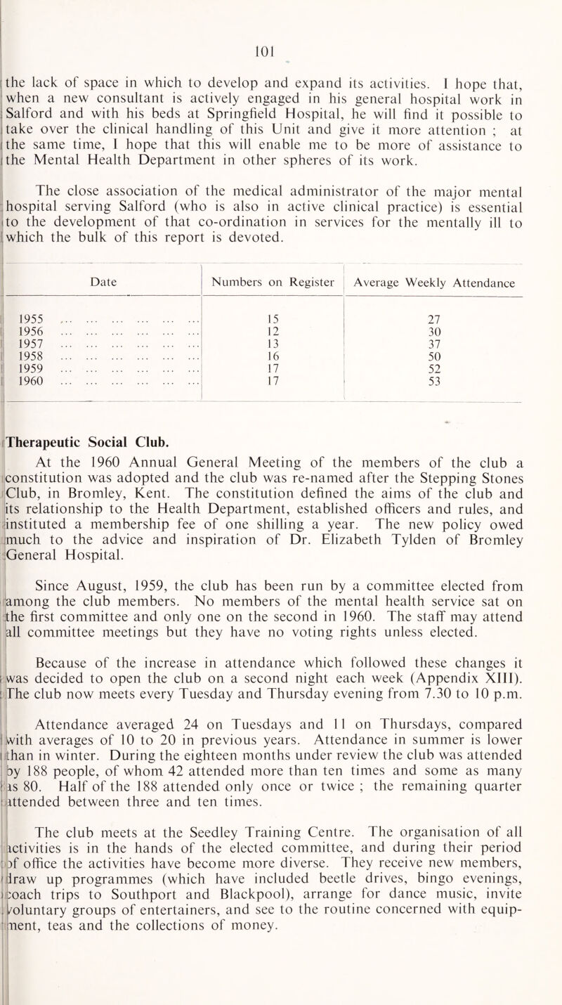 | the lack of space in which to develop and expand its activities. I hope that, when a new consultant is actively engaged in his general hospital work in : Salford and with his beds at Springfield Hospital, he will find it possible to i take over the clinical handling of this Unit and give it more attention ; at i the same time, I hope that this will enable me to be more of assistance to i the Mental Health Department in other spheres of its work. The close association of the medical administrator of the major mental ;hospital serving Salford (who is also in active clinical practice) is essential ito the development of that co-ordination in services for the mentally ill to which the bulk of this report is devoted. Date Numbers on Register Average Weekly Attendance 1955 . 15 27 1956 . 12 30 1957 . 13 37 1958 . 16 50 1959 . 17 52 1960 . 17 53 *• Therapeutic Social Club. At the 1960 Annual General Meeting of the members of the club a constitution was adopted and the club was re-named after the Stepping Stones Club, in Bromley, Kent. The constitution defined the aims of the club and its relationship to the Health Department, established officers and rules, and instituted a membership fee of one shilling a year. The new policy owed much to the advice and inspiration of Dr. Elizabeth Tylden of Bromley General Hospital. Since August, 1959, the club has been run by a committee elected from among the club members. No members of the mental health service sat on the first committee and only one on the second in 1960. The staff may attend all committee meetings but they have no voting rights unless elected. Because of the increase in attendance which followed these changes it i was decided to open the club on a second night each week (Appendix XIII). : The club now meets every Tuesday and Thursday evening from 7.30 to 10 p.m. Attendance averaged 24 on Tuesdays and 11 on Thursdays, compared with averages of 10 to 20 in previous years. Attendance in summer is lower i than in winter. During the eighteen months under review the club was attended by 188 people, of whom 42 attended more than ten times and some as many 1 is 80. Half of the 188 attended only once or twice ; the remaining quarter Attended between three and ten times. The club meets at the Seedley Training Centre. The organisation of all Activities is in the hands of the elected committee, and during their period :of office the activities have become more diverse. They receive new members, ' iraw up programmes (which have included beetle drives, bingo evenings, i X)ach trips to Southport and Blackpool), arrange for dance music, invite . /oluntary groups of entertainers, and see to the routine concerned with equip- nent, teas and the collections of money.