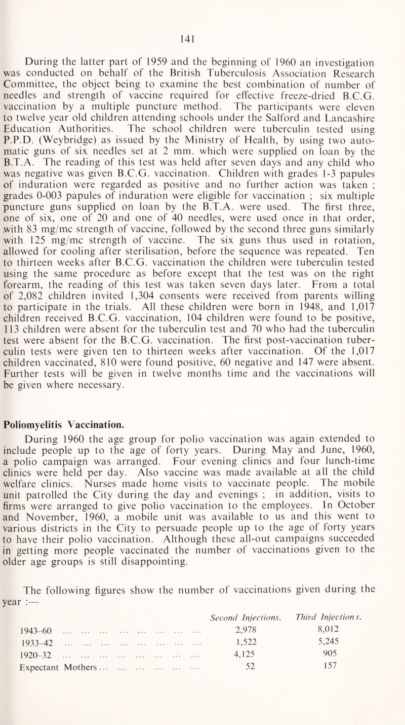 During the latter part of 1959 and the beginning of 1960 an investigation was conducted on behalf of the British Tuberculosis Association Research Committee, the object being to examine the best combination of number of needles and strength of vaccine required for effective freeze-dried B.C.G. vaccination by a multiple puncture method. The participants were eleven to twelve year old children attending schools under the Salford and Lancashire Education Authorities. The school children were tuberculin tested using P.P.D. (Weybridge) as issued by the Ministry of Health, by using two auto¬ matic guns of six needles set at 2 mm. which were supplied on loan by the B.T.A. The reading of this test was held after seven days and any child who was negative was given B.C.G. vaccination. Children with grades 1-3 papules of induration were regarded as positive and no further action was taken ; grades 0-003 papules of induration were eligible for vaccination ; six multiple puncture guns supplied on loan by the B.T.A. were used. The first three, one of six, one of 20 and one of 40 needles, were used once in that order, with 83 mg/mc strength of vaccine, followed by the second three guns similarly with 125 mg/mc strength of vaccine. The six guns thus used in rotation, allowed for cooling after sterilisation, before the sequence was repeated. Ten to thirteen weeks after B.C.G. vaccination the children were tuberculin tested using the same procedure as before except that the test was on the right forearm, the reading of this test was taken seven days later. From a total of 2,082 children invited 1,304 consents were received from parents willing to participate in the trials. All these children were born in 1948, and 1,017 children received B.C.G. vaccination, 104 children were found to be positive, 113 children were absent for the tuberculin test and 70 who had the tuberculin test were absent for the B.C.G. vaccination. The first post-vaccination tuber¬ culin tests were given ten to thirteen weeks after vaccination. Of the 1,017 children vaccinated, 810 were found positive, 60 negative and 147 were absent. Further tests will be given in twelve months time and the vaccinations will be given where necessary. Poliomyelitis Vaccination. During 1960 the age group for polio vaccination was again extended to include people up to the age of forty years. During May and June, I960, a polio campaign was arranged. Four evening clinics and four lunch-time clinics were held per day. Also vaccine was made available at all the child welfare clinics. Nurses made home visits to vaccinate people. The mobile unit patrolled the City during the day and evenings ; in addition, visits to firms were arranged to give polio vaccination to the employees. In October and November, 1960, a mobile unit was available to us and this went to various districts in the City to persuade people up to the age of forty years to have their polio vaccination. Although these all-out campaigns succeeded in getting more people vaccinated the number of vaccinations given to the older age groups is still disappointing. The following figures show the r :— number of vaccinations given during the Second Injections. Third Injections. 1943-60 . . 2,978 8,012 1933-42 . . 1,522 5,245 1920-32 . . 4,125 905 Expectant Mothers... .. ... 52 157