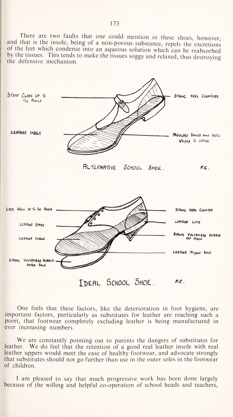 There <ire two faults that one could mention in these shoes, however, und that is the insole, being of a non-porous substance, repels the excretions of the feet which condense into an acjueous solution which can be reabsorbed by the tissues. This tends to make the tissues soggy and relaxed, thus destroying the defensive mechanism. SlW CkDSi Up 1o 'fhti LlftfHZit IhSOLC S<rtoMc; Heet CouhIcrs nouupij) Sou’s d Hi-Iiu VfcUJcp 1b UPPdC RlYurhfii'ivl School Shoh. r.c. Shiobq tfG&k CovnicK Lifts S<*oh<; VuLCfthiSij) Ru/iaa ■rip Piece LCft-fniR PliQffLt- Soui Ide.fil School Shoe. One feels that these factors, like the deterioration in foot hygiene, are important factors, particularly as substitutes for leather are reaching such a point, that footwear completely excluding leather is being manufactured in ever increasing numbers. We are constantly pointing out to parents the dangers of substitutes for leather. We do feel that the retention of a good real leather insole with real leather uppers would meet the case of healthy footwear, and advocate strongly that substitutes should not go further than use in the outer soles in the footwear of children. I am pleased to say that much progressive work has been done largely because of the willing and helpful co-operation of school heads and teachers.