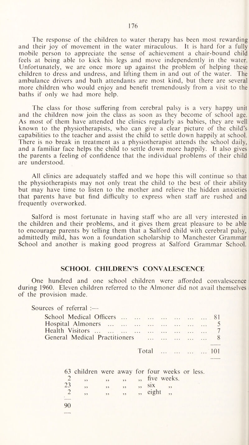 The response of the children to water therapy has been most rewarding and their joy of movement in the water miraculous. It is hard for a fully mobile person to appreciate the sense of achievement a chair-bound child feels at being able to kick his legs and move independently in the water. Unfortunately, we are once more up against the problem of helping these children to dress and undress, and lifting them in and out of the water. The ambulance drivers and bath attendants are most kind, but there are several more children who would enjoy and benefit tremendously from a visit to the baths if only we had more help. The class for those suffering from cerebral palsy is a very happy unit and the children now join the class as soon as they become of school age. As most of them have attended the clinics regularly as babies, they are well known to the physiotherapists, who can give a clear picture of the child’s capabilities to the teacher and assist the child to settle down happily at school. There is no break in treatment as a physiotherapist attends the school daily, and a familiar face helps the child to settle down more happily. It also gives the parents a feeling of confidence that the individual problems of their child are understood. All clinics are adequately staffed and we hope this will continue so that the physiotherapists may not only treat the child to the best of their ability but may have time to listen to the mother and relieve the hidden anxieties that parents have but find difficulty to express when staff are rushed and frequently overworked. Salford is most fortunate in having staff who are all very interested in the children and their problems, and it gives them great pleasure to be able to encourage parents by telling them that a Salford child with cerebral palsy, admittedly mild, has won a foundation scholarship to Manchester Grammar School and another is making good progress at Salford Grammar School. SCHOOL CHILDREN’S CONVALESCENCE One hundred and one school children were afforded convalescence during 1960. Eleven children referred to the Almoner did not avail themselves of the provision made. Sources of referral :— School Medical Officers ... Hospital Almoners . Health Visitors . General Medical Practitioners 81 5 7 8 Total 101 63 children were away for four weeks or less. ,, five weeks. 23 2 „ eight „ 90