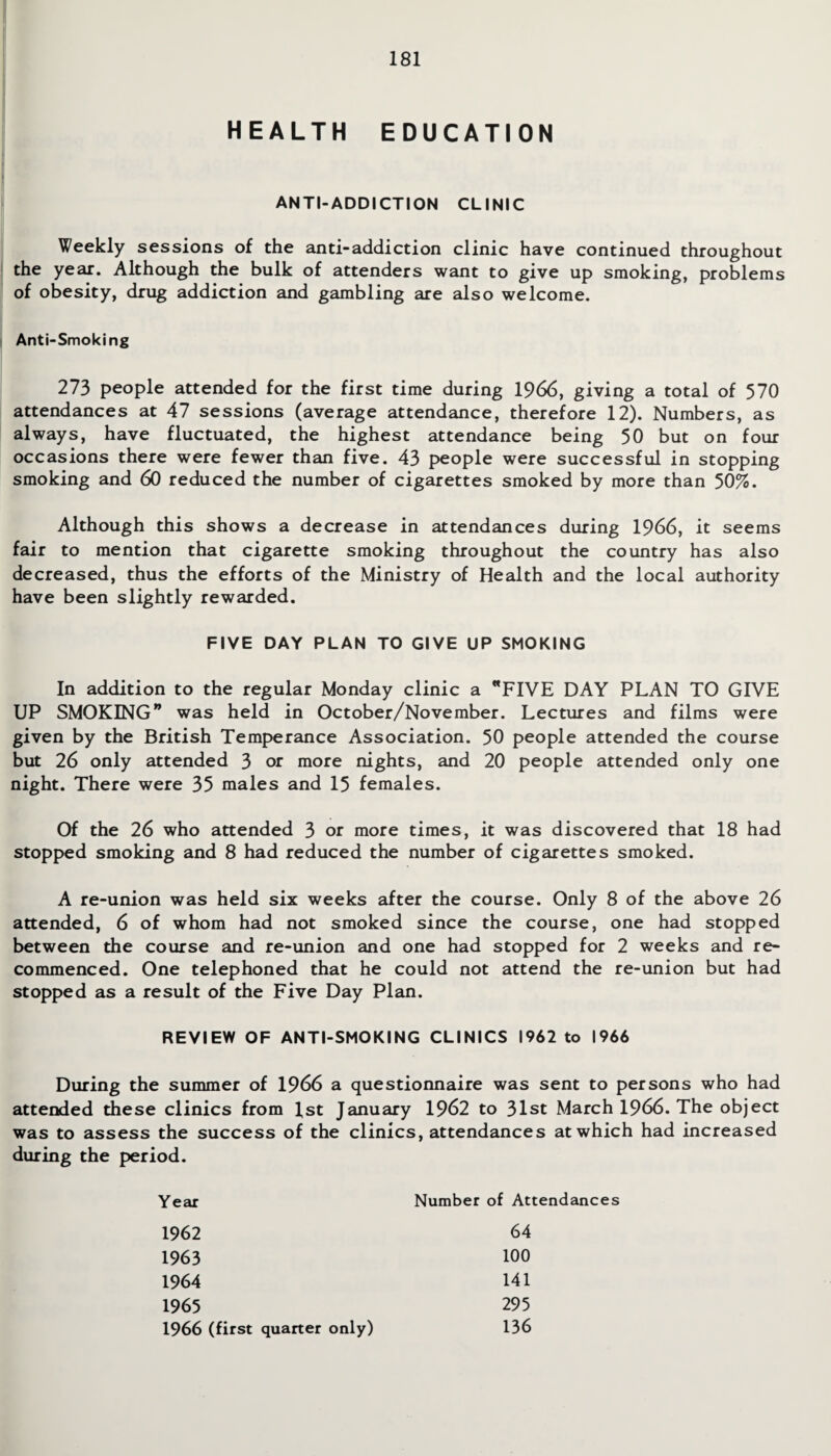 HEALTH EDUCATION ANTI-ADDICTION CLINIC Weekly sessions of the anti-addict ion clinic have continued throughout the year. Although the bulk of attenders want to give up smoking, problems of obesity, drug addiction and gambling are also welcome. Anti-Smoking 273 people attended for the first time during 1966, giving a total of 570 attendances at 47 sessions (average attendance, therefore 12). Numbers, as always, have fluctuated, the highest attendance being 50 but on four occasions there were fewer than five. 43 people were successful in stopping smoking and 60 reduced the number of cigarettes smoked by more than 50%. Although this shows a decrease in attendances during 1966, it seems fair to mention that cigarette smoking throughout the country has also decreased, thus the efforts of the Ministry of Health and the local authority have been slightly rewarded. FIVE DAY PLAN TO GIVE UP SMOKING In addition to the regular Monday clinic a FIVE DAY PLAN TO GIVE UP SMOKING” was held in October/November. Lectures and films were given by the British Temperance Association. 50 people attended the course but 26 only attended 3 or more nights, and 20 people attended only one night. There were 35 males and 15 females. Of the 26 who attended 3 or more times, it was discovered that 18 had stopped smoking and 8 had reduced the number of cigarettes smoked. A re-union was held six weeks after the course. Only 8 of the above 26 attended, 6 of whom had not smoked since the course, one had stopped between the course and re-union and one had stopped for 2 weeks and re¬ commenced. One telephoned that he could not attend the re-union but had stopped as a result of the Five Day Plan. REVIEW OF ANTI-SMOKING CLINICS 1962 to 1966 During the summer of 1966 a questionnaire was sent to persons who had attended these clinics from 1st January 1962 to 31st March 1966. The object was to assess the success of the clinics, attendances at which had increased during the period. Year Number of Attendances 1962 64 1963 100 1964 141 1965 295 1966 (first quarter only) 136