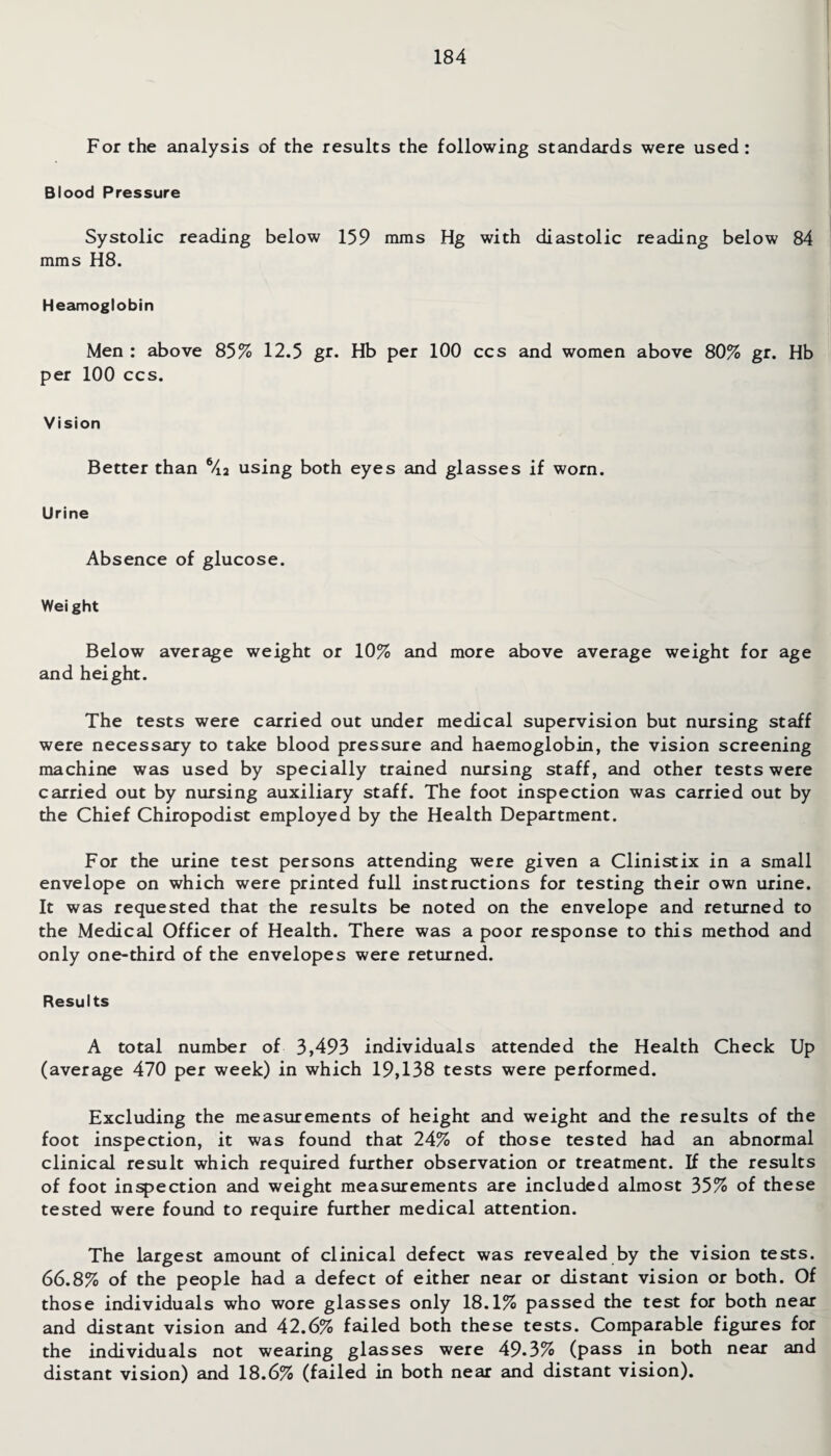 For the analysis of the results the following standards were used: Blood Pressure Systolic reading below 159 mms Hg with diastolic reading below 84 mms H8. Heamoglobin Men : above 85% 12.5 gr. Hb per 100 ccs and women above 80% gr. Hb per 100 ccs. Vision Better than 64a using both eyes and glasses if worn. Urine Absence of glucose. Wei ght Below average weight or 10% and more above average weight for age and height. The tests were carried out under medical supervision but nursing staff were necessary to take blood pressure and haemoglobin, the vision screening machine was used by specially trained nursing staff, and other tests were carried out by nursing auxiliary staff. The foot inspection was carried out by the Chief Chiropodist employed by the Health Department. For the urine test persons attending were given a Clinistix in a small envelope on which were printed full instructions for testing their own urine. It was requested that the results be noted on the envelope and returned to the Medical Officer of Health. There was a poor response to this method and only one-third of the envelopes were returned. Results A total number of 3,493 individuals attended the Health Check Up (average 470 per week) in which 19,138 tests were performed. Excluding the measurements of height and weight and the results of the foot inspection, it was found that 24% of those tested had an abnormal clinical result which required further observation or treatment. If the results of foot inspection and weight measurements are included almost 35% of these tested were found to require further medical attention. The largest amount of clinical defect was revealed by the vision tests. 66.8% of the people had a defect of either near or distant vision or both. Of those individuals who wore glasses only 18.1% passed the test for both near and distant vision and 42.6% failed both these tests. Comparable figures for the individuals not wearing glasses were 49*3% (pass in both near and distant vision) and 18.6% (failed in both near and distant vision).