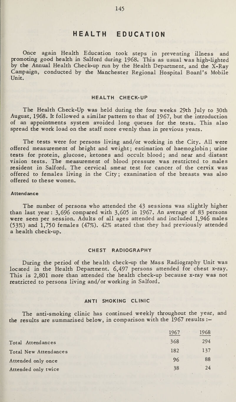 HEALTH EDUCATION Once again Health Education took steps in preventing illness and promoting good health in Salford during 1968. This as usual was high-lighted by the Annual Health Check-up run by the Health Department, and the X-Ray Campaign, conducted by the Manchester Regional Hospital Board’s Mobile Unit. HEALTH CHECK-UP The Health Check-Up was held during the four weeks 29th July to 30th August, 1968. It followed a similar pattern to that of 1967, but the introduction of an appointments system avoided long queues for the tests. This also spread the work load on the staff more evenly than in previous years. The tests were for persons living and/or working in the City. All were offered measurement of height and weight; estimation of haemoglobin; urine tests for protein, glucose, ketones and occult blood; and near and distant vision tests. The measurement of blood pressure was restricted to males resident in Salford. The cervical smear test for cancer of the cervix was offered to females living in the City; examination of the breasts was also offered to these women. Attendance The number of persons who attended the 43 sessions was slightly higher than last year: 3,696 compared with 3,605 in 1967. An average of 83 persons were seen per session. Adults of all ages attended and included 1,946 males (53%) and 1,750 females (47%). 42% stated that they had previously attended a health check-up. CHEST RADIOGRAPHY During the period of the health check-up the Mass Radiography Unit was located in the Health Department. 6,497 persons attended for chest x-ray. This is 2,801 more than attended the health check-up because x-ray was not restricted to persons living and/or working in Salford. ANTI SMOKING CLINIC The anti-smoking clinic has continued weekly throughout the year, and the results are summarised below, in comparison with the 1967 results 1967 1968 Total Attendances 368 294 Total New Attendances 182 137 Attended only once 96 88 Attended only twice 38 24