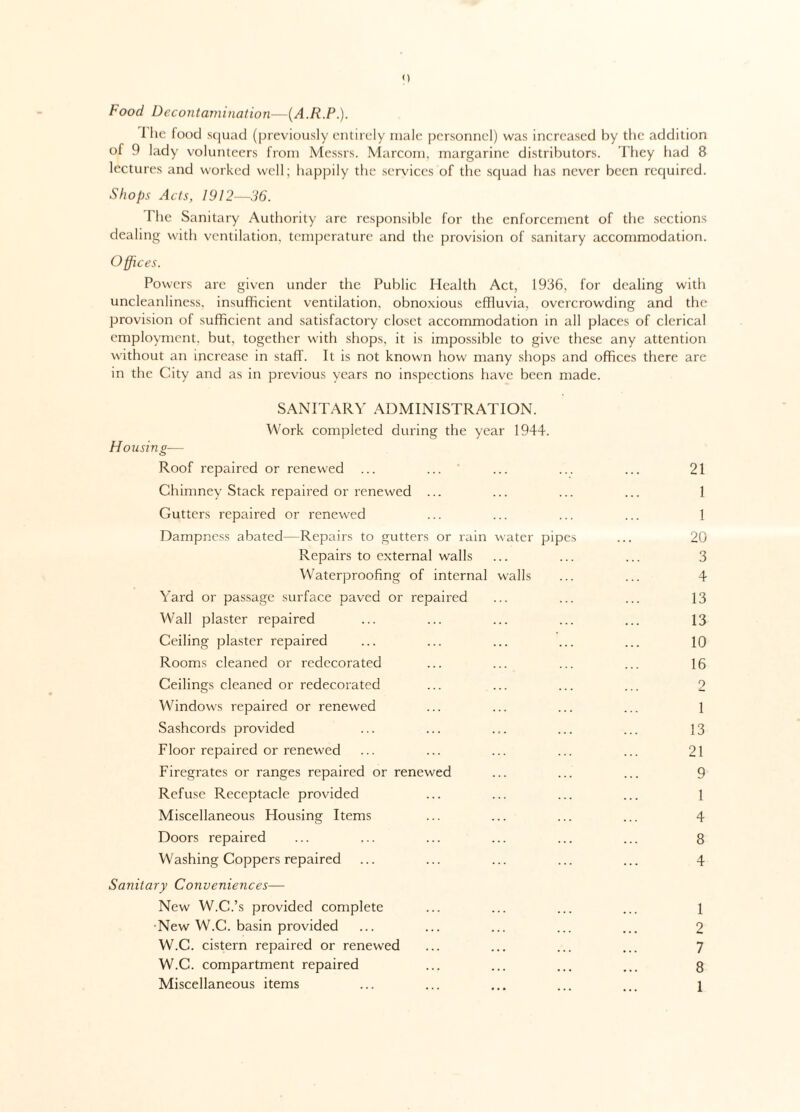 Food Decontamination—(A.R.P.). 1 lie food squad (previously entirely male personnel) was increased by the addition ol 9 lady volunteers from Messrs. Marconi, margarine distributors. They had 8 lectures and worked well; happily the services of the squad has never been required. Shops Acts, 1912—36. The Sanitary Authority are responsible for the enforcement of the sections dealing with ventilation, temperature and the provision of sanitary accommodation. Offices. Powers are given under the Public Health Act, 1936, for dealing with uncleanliness, insufficient ventilation, obnoxious effluvia, overcrowding and the provision of sufficient and satisfactory closet accommodation in all places of clerical employment, but, together with shops, it is impossible to give these any attention without an increase in staff. It is not known how many shops and offices there are in the City and as in previous years no inspections have been made. SANITARY ADMINISTRATION. Housing— Work completed dui'ing the year 1944. Roof repaired or renewed ... Chimney Stack repaired or renewed ... Gutters repaired or renewed Dampness abated—Repairs to gutters or rain water pipes Repairs to external walls Waterproofing of internal walls Yard or passage surface paved or repaired Wall plaster repaired Ceiling plaster repaired Rooms cleaned or redecorated Ceilings cleaned or redecorated Windows repaired or renewed Sashcords provided Floor repaired or renewed Firegrates or ranges repaired or renewed Refuse Receptacle provided Miscellaneous Housing Items Doors repaired Washing Coppers repaired Sanitary Conveniences— New W.C.’s provided complete ■New W.C. basin provided W.C. cistern repaired or renewed W.C. compartment repaired Miscellaneous items 21 1 1 20 3 4 13 13 10 16 2 1 13 21 9 1 4 8 4 1 2 7 8 1