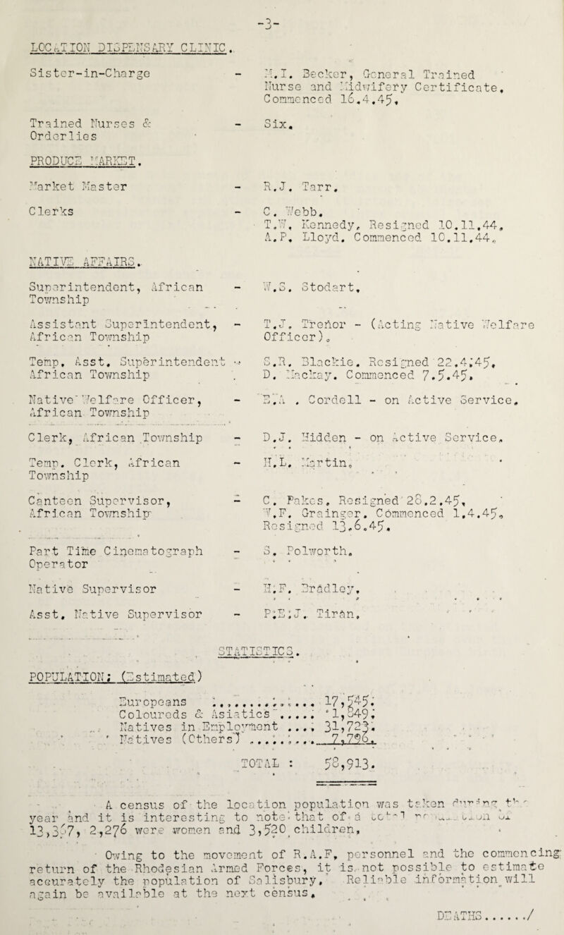 LOCATION DI3PLNSARY CLINIC . SistG-r-in-Charge ri.I. Becker, General Trained Murse and liidwifery Certificate, ComaiencGd l6,4.45< Trained Purses S: Orderlies * Six, PRODUCE !:AR1C1T. ^'arket Paster - R.J. Tarr. Clerks C. Pebb, ■ T.P, Pe nne d y ^ Resigned 10.11,44, A.P, Lloyd. Commenced 1C.11,44„ NATIVE AFFAIRS.. Superintendent, African To7/nship - P.C. Stodart, Assistant Superintendent, A f r i c a n T oajn ship - T.J. Tfenor - (Acting Native Polfar Officer) 0 Temp, Asst, Superintende.nt African Tovmship 1 vS.R. Blackie. Resigned ' 22,4,’45* D. Packay. Commenced 7.5.^5» — — * Native' Pelfare Officer, African Township - E.A , Cordell - on Active Service, Clerk,, African .Township - D.J. Hidden - on Active Service, # ♦ » Temp. Clerk, African Tov/nship - H.L. Partin„ Canteen Supervisor, African Townshipr mm C. Fakes, Resigned'28.2,45, 'PF. Grainger, Commenced 1,4.45^ R0 s i gno d I3 ^ 6 „ 4 5 • Part Time Cinematograph Operator - 3, Polworth, Natix^e Supervisor — H.F. Brddley, Asst, Native Supervisor — P:E;J.. Tirdn, n rp A m T ‘T> TP ^ 1 ii. i -L ae O . POPUUTION; (Tstimated) Europeans 17 ? 5^5* Coloureds & Asiatics. “l,o49^ natives in EnployriGnt 31j723* Pa tives (Cthevsl .7^79.6^ T OTAL 53,913. k census of the location population was taken t year end it is interesting to note-that of'a ux ^3>357, 2,276 were women and 3,520^children, - 0:ving to the movement of R.A.F, personnel and the commencing: return of the Rhodesian Armed Forces, it is.not possible to^estiraate accurately the population of Salisbury, Reli-Pale infbrmation^v/ill again be available at the nent census, ^ .4 I Di:,iiTH3./