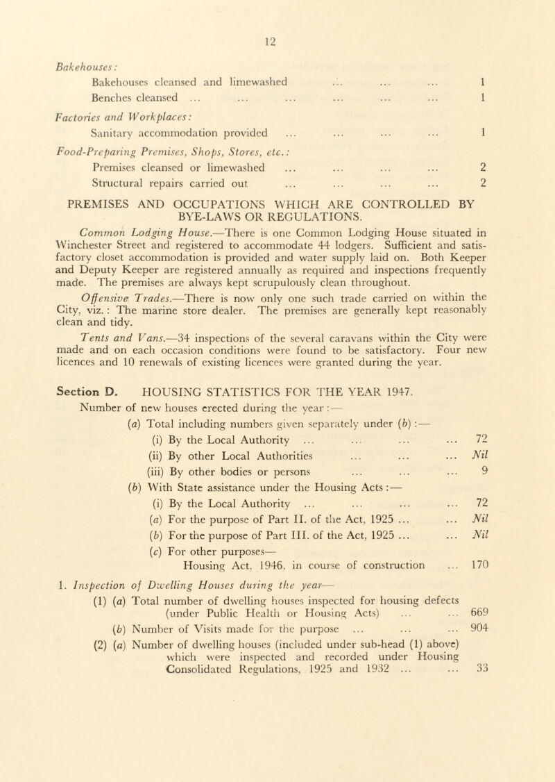 Bakehouses: Bakehouses cleansed and limewashed . b ... ... 1 Benches cleansed ... ... ... ... ... ... 1 Factories and Workplaces: Sanitary accommodation provided ... ... ... ... 1 Food-Preparing Premises, Shops, Stores, etc.: Premises cleansed or limewashed ... ... ... ... 2 Structural repairs carried out ... ... ... ... 2 PREMISES AND OCCUPATIONS WHICH ARE CONTROLLED BY BYE-LAWS OR REGULATIONS. Common Lodging House.—There is one Common Lodging House situated in Winchester Street and registered to accommodate 44 lodgers. Sufficient and satis¬ factory closet accommodation is provided and water supply laid on. Both Keeper and Deputy Keeper are registered annually as required and inspections frequently made. The premises are always kept scrupulously clean throughout. Offensive Trades.—There is now only one such trade carried on within the City, viz. : The marine store dealer. The premises are generally kept reasonably clean and tidy. Tents and Vans.—34 inspections of the several caravans within the City were made and on each occasion conditions were found to be satisfactory. Four new licences and 10 renewals of existing licences were granted during the year. Section D. HOUSING STATISTICS FOR THE YEAR 1947. Number of new houses erected during the year: — (a) Total including numbers given separately under (h) : — (i) By the Local Authority ... ... ... ... 72 (ii) By other Local Authorities ... ... ... Nil (iii) By other bodies or persons ... ... ... 9 (b) With State assistance under the Housing Acts : — (i) By the Local Authority ... ... ... ... 72 {a) For the purpose of Part II. of the Act, 1925 ... ... Nil (b) For the purpose of Part III. of the Act, 1925 ... ... Nil (c) For other purposes— Housing Act. 1946, in course of construction ... 170 1. Inspection of Dwelling Houses during the year— (1) (a) Total number of dwelling houses inspected for housing defects (under Public Health or Housing Acts) ... ... 669 (b) Number of Visits made for the purpose ... ... ... 904 (2) (a) Number of dwelling houses (included under sub-head (1) above) which were inspected and recorded under Housing Consolidated Regulations, 1925 and 1932 ... ... 33