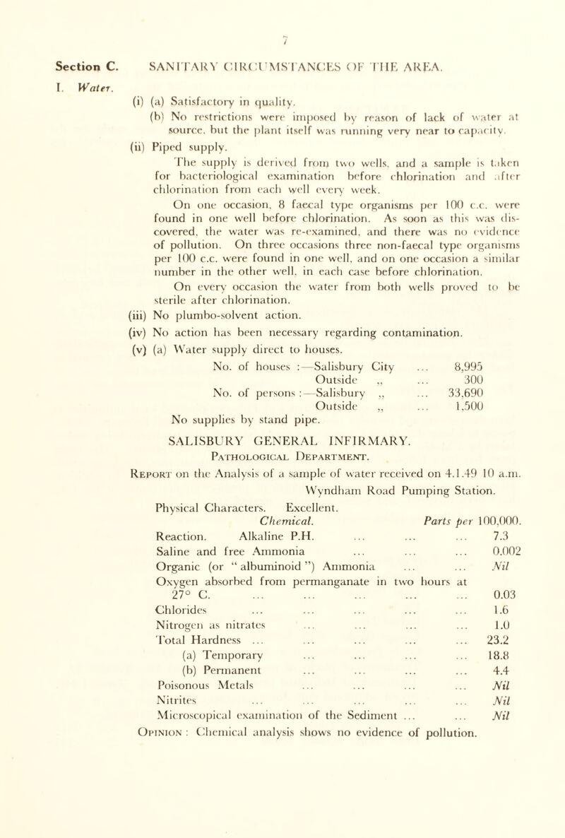 Section C. I. Water. ; SANI TARY CIRCUMS TANCES OF THE AREA. (i) (a) Satisfactory in quality. (b) No restrictions were imposed by reason of lack of water at source, but the plant itself was running very near to capacity. (ii) Piped supply. 1 he supply is derived from two wells, and a sample is taken for bacteriological examination before chlorination and after chlorination from each well every week. On one occasion. 8 faecal type organisms per 100 c.c. were found in one well before chlorination. As soon as this was dis¬ covered. the water was re-examined, and there was no evidence of pollution. On three occasions three non-faecal type organisms per 100 c.c. were found in one well, and on one occasion a similar number in the other well, in each case before chlorination. On every occasion the water from both wells proved to be sterile after chlorination. (iii) No plumbo-solvent action. (iv) No action has been necessary regarding contamination. (v) (a) Water supply direct to houses. No. of houses :—Salisbury City ... 8,995 Outside „ ... 300 No. of persons:—Salisbury „ ... 33,690 Outside „ ... 1,500 No supplies by stand pipe. SALISBURY GENERAL INFIRMARY. Pathological Department. Report on the Analysis of a sample of water received on 4.1.49 10 a.m. Wyndham Road Pumping Station. Physical Characters. Excellent. Chemical. Parts per 100.000. rs at Reaction. Alkaline P.H. Saline and free Ammonia Organic (or “ albuminoid ”) Ammonia Oxygen absorbed from permanganate in two hou 27° C. Chlorides Nitrogen as nitrates 'Total Hardness ... (a) Temporary (b) Permanent Poisonous Metals Nitrites Microscopical examination of the Sediment Opinion : Chemical analysis shows no evidence of pollution. 7.3 0.002 Nil 0.03 1.6 1.0 23.2 18.8 4.4 Nil Nil Nil