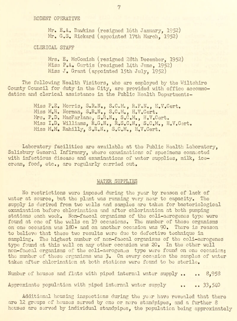 RODENT OPERATIVE Mr. E.A. Dawkins (resigned 16th January, 1952) Mr. G.S. Rickard (appointed 17th March, 1952) CLERICAL STAFF Mrs. E. McC-omish (resigned 28th December, 1952) Miss P.A, Curtis (resigned 14th June, 1952) Miss J. Grant (appointed 15th July, 1952) The following Health Visitors, who are employed by the Wiltshire County Council for duty in the City, are provided with offico accommo' dation and clerical assistance in the Public Health Department:- Miss P.E. Morris, S.R.N., S.C.M., R.F.N., K.V.Cert, Miss M.H, Norman, S.R.N., S.C.M., H.V.Cert. firs. P.D, MacFarlane, S.R.N., S.C.M., H.V.Cert. Miss I.D. Williams, R.G.N., R.S.C.N., S.C.M., H.V.Cert. Miss M.M, Rahilly, S.R.N., S.C.M,, H.V.Cert. Laboratory facilities are available at the Public Health Laboratory, Salisbury General Infirmary, where examinations of specimens connected with infectious disease and examinations of water supplies, milk, ice¬ cream, food, etc., are regularly carried out. WATER SUPPLIES No restrictions were imposed during the year by reason of lack of water at source, but the plant was running very near to capacity. The supply is derived from two wells and samples are taken for bacteriological examination before chlorination and after chlorination at both pumping stations each week. Non-faecal organisms of the coli-aerogenes type were found at one of the wells on 19 occasions. The number of those organisms on one occasion was 180+ and on another occasion was 90. There is reason to believe that these two results were due to defective technique in sampling. The highest number of non-faecal organisms of the coli-aerogenes type found at this well on any other occasion was 20, In the other well non-faecal organisms of the coli-aerogenes type were found on one occasion; the number of these organisms was 3* On every occasion the samples of water taken after chlorination at both stations were found to be sterile. Number of houses and flats with piped internal water supply ., ,. 8,958 Approximate population with piped internal water supply .. .. 33,540 Additional housing inspections during the yo it have revealed that there are 12 groups of houses served by one or more standpipes, and a further 8 houses are served by individual standpipes, the population being approximately