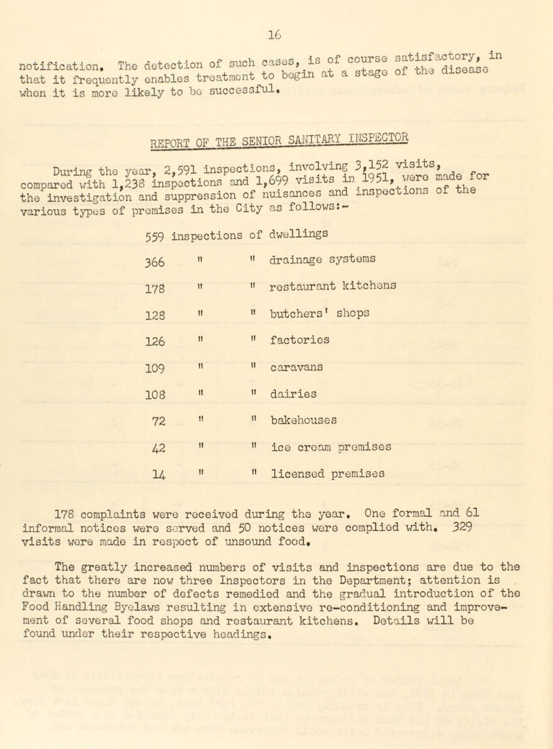 notification. The detection of such cases,.is of course that it frequently enables treatment to bogin a a r°J when it is more likely to be successful. REPORT OF THE SENIOR- SANITARY INSPECTOR During? the year. 2,591 inspections, involving 3,152 visits, eompa^ith V^n^etion/and 1,699 visit, in 1951, made for the investigation and suppression of nuisances and inspections of the various types of premises in the City as follow^.- 559 inspections of dwellings 366 tt it drainage systems CO r- i—i it n restaurant kitchens 128 tt ii butchers' shops 126 ti ti factories 109 ii tt caravans 108 it it dairies 72 n it bakehouses 42 ii it ice cream premises 14 it ii licensed premises 178 complaints were received during the year. One formal and 61 informal notices were served and 50 notices were complied with, 329 visits were made in respect of unsound food. The greatly increased numbers of visits and inspections are due to the fact that there are now three Inspectors in the Department; attention is drawn to the number of defects remedied and the gradual introduction of the Food Handling Byelaws resulting in extensive re-conditioning and improve¬ ment of several food shops and restaurant kitchens. Details will be found under their respective headings.