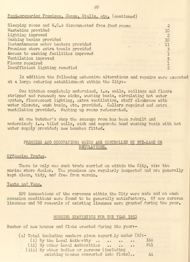 Food-preparing Premises. Shops, Stalls, etc, (continued) Sleeping rooms and W.C.s disconnected from food rooms 2 Wastebins provided 10 Lighting improved 2 Washing basins provided 10 Instantaneous water heaters provided . -11 Promises where extra towels provided 3 Access to washing facilities improved 1 Ventilation improved 5 Floors repaired 1 Insufficient lighting remedied 2 In addition the following extensive alterations and repairs were executed at a large catering establishment within the City:- One kitchen completely modernised, i.e. walls, ceilings and floors stripped and renewed; new sinks, washing basin, circulating hot water ■system, fluorescent lighting, extra ventilation, staff cloakroom with water closets, wash basin, etc. provided. Cellars repaired and extra ventilation provided. Washing up rooms redecorated. At one butcher's shop the sausage room has been rebuilt and modernised; i.e, tiled walls, sink and separate hand washing basin with hot water supply provided; new benches fitted. PREMISES AND OCCUPATIONS WHICH ARE CONTROLLED BY BYE-LAWS OR REGULATIONS. Offensive Trades. There is only one such trade carried on within the City, viz: the marine store dealer. The premises are regularly inspected and are generally kept clean, tidy, and free from vermin. Tent3 and Vans. 109 inspections of the caravans within the City were made and on each occasion conditions were found to be generally satisfactory. 69 new caravan licences and 98 renewals of existing licences were granted during the year. HOUSING STATISTICS FOR THE YEAR 1952 Number of new houses and flats erected during the yoar:- (a) Total including numbers given 3opart JLy under (b):- (i) By the Local Authority. 166 (ii) By other Local Authorities . Nil (iii) By other bodies or persons (including existing houses converted into flats).. 44
