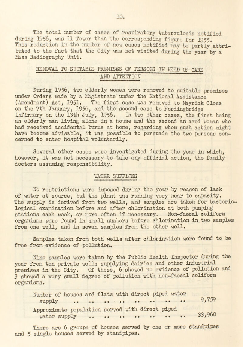 The total number of cases of respiratory tuberculosis notified during 1956, was 11 fewer than the corresponding figure for 1955. This reduction in the number of new cases notified my be partly attri¬ buted to tho fact that tho City wa3 not visited during the year by a Mass Radiography Unit. REMOVAL TO SUITABLE PREMISES OF PERSONS IN NEED OF CARE AND ATTENTION During 1956, two elderly women wore removed to suitable premises under Orders made by a Magistrate under tho National Assistance (Amendment) Act, 1951. The first case was removed to Meyrick Close on tho 7th January, 1956, and. the second case to Fordingbridgo Infirmary on the 13th July, 1956. In two other cases, tho first being an elderly man living alono in a house and tho second an aged woman who had received accidental burns at homo, regarding whom such action might have become advisable, it was possible to persuade tho two persons con¬ cerned to enter hospital voluntarily. Several other cases wore investigated during the year in which, however, it was not necessary to take any official action, the family doctors assuming responsibility. WATER SUPPLIES No restrictions were imposed during the yoar by reason of laok of water at source, but the plant was running very noar to capacity. Tho supply is derived from two wells, and samples are taken for bacterio¬ logical examination before and after chlorination at both punping stations each week, or more often if necessary. Non-faecal coliforn organisms were found in small numbers before chlorination in two samples from one well, and in seven samples from the other woll. Samples taken from both wells after chlorination were found to be free from evidence of pollution. Nine samples wore taken by the Public Health Inspector during the yoar from ten private wolls supplying dairies and othor industrial promises in the City. Of these, 6 showed no ovidonce of pollution and 3 showed a very small degroo of pollution with non-faecal coliform organisms. Number of houses and flats with direct piped water supply .. . ♦ .. •• 9,759 Approximate population sorvod with, diroct pipod wator supply . 33,960 There are 6 groups of houses served by one or more standpipes and 5 single houses served by standpipes.