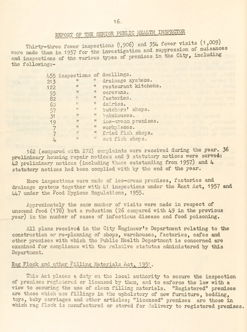 REPORT OF THE SENIOR PUBLIC HE/lLT H_INSPECTOR Thirty-three fewer inspections 0,906) and 35A fewer visits O ? sances were made than in 1957 for the investigation an suppression udinc and inspections of the various types of premises an the City, including the following:- 455 inspections of dwellings. 213 ft !! drainage systems. 122 ft tl restaurant kitchens 95 1! tt caravans. 82 V, t! factories. 60 t? ft dairies. 57 r .t butchers’ shops. 31 tf ft bakehouses. 19 tt tt ice-cream premises. 7 tr ft workplaces. 7 t? ft fried fish shops. K 1! V wet fish shops. 1o2 (compared with 272) complaints were received during the year. 36 preliminary housing repair notices and 9 statutory notices were served: 42 preliminary notices (including those outstanding from 1957) arid 4 statutory notices had been complied with by the end of the year. More inspections were made of ice-cream premises, factories and drainage systems together with 41 inspections under the Rent Act, 1957 and 447 under the Rood Hygiene Regulations, 1955* Approximately the same number of visits were made in respect of unsound food (178) but a reduction (26 compared with 49 in the previous year) in the number of cases of infectious disease and food poisoning. All plans received in the City Engineer’s Department relating to the construction or re-planning of shops, warehouses, factories, cafes and other premises with which the Public Health Department is concerned are examined for compliance with the relative statutes administered by this Department. Rag Flock and other Filling Materials Act, 1 95^ . Tliis Act places a duty on the local authority to secure the inspection of premises registered or licensed by them, and to enforce the law with a view to securing the use of clean filling materials. Registered” premises are those which use fillings in the upholstery of new furniture, bedding, toys, baby carriages and other articles; licensed premises are those in which rag flock is manufactured or stored for delivery to registered premises.